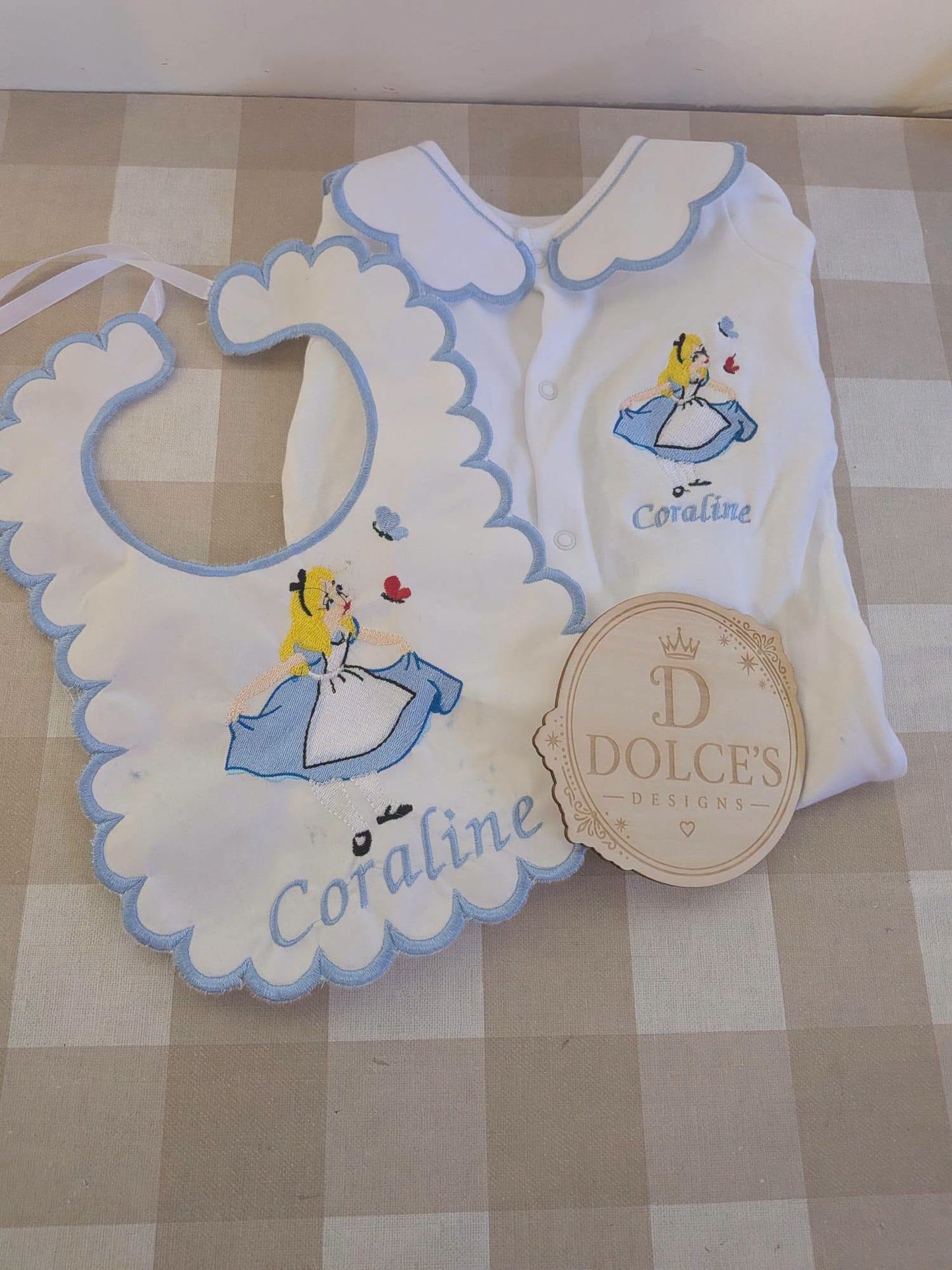 Personalised Alice in Wonderland Baby Set – Embroidered Babygrow & Bib