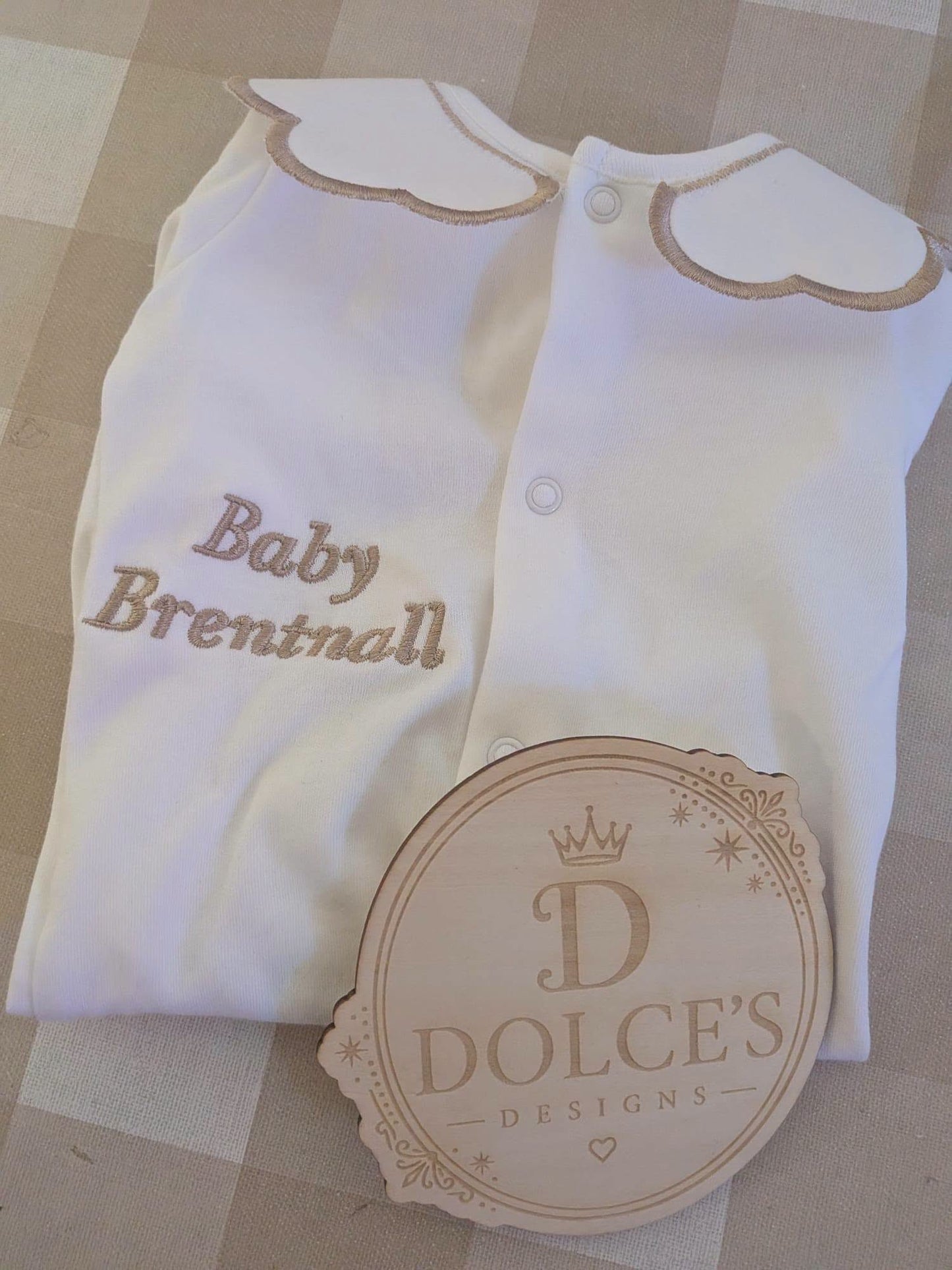Personalised Classic Baby Name Babygrow – Embroidered Scalloped Collar