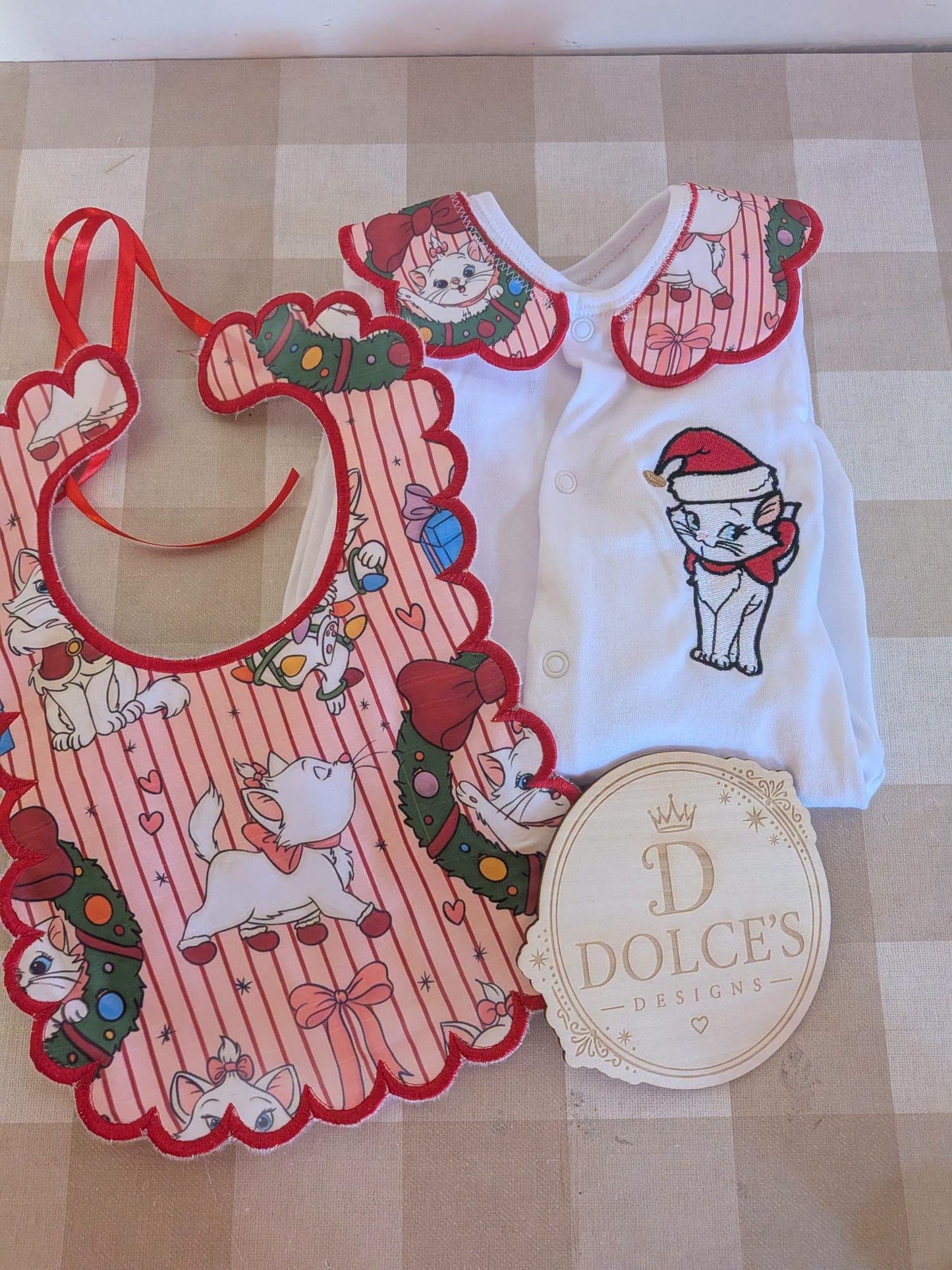 Marie Inspired Christmas Baby 2 Piece Set – Festive Embroidered Babygrow & Bib