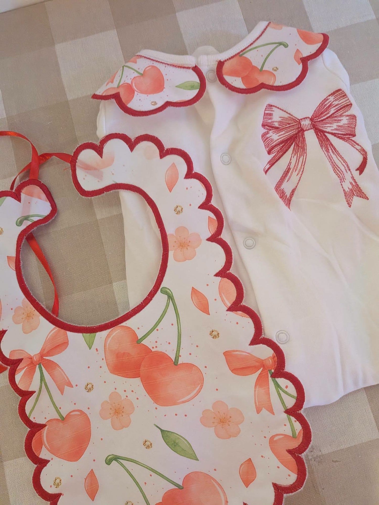 Cherry Bow Baby 2 Piece Set – Embroidered Babygrow & Bib