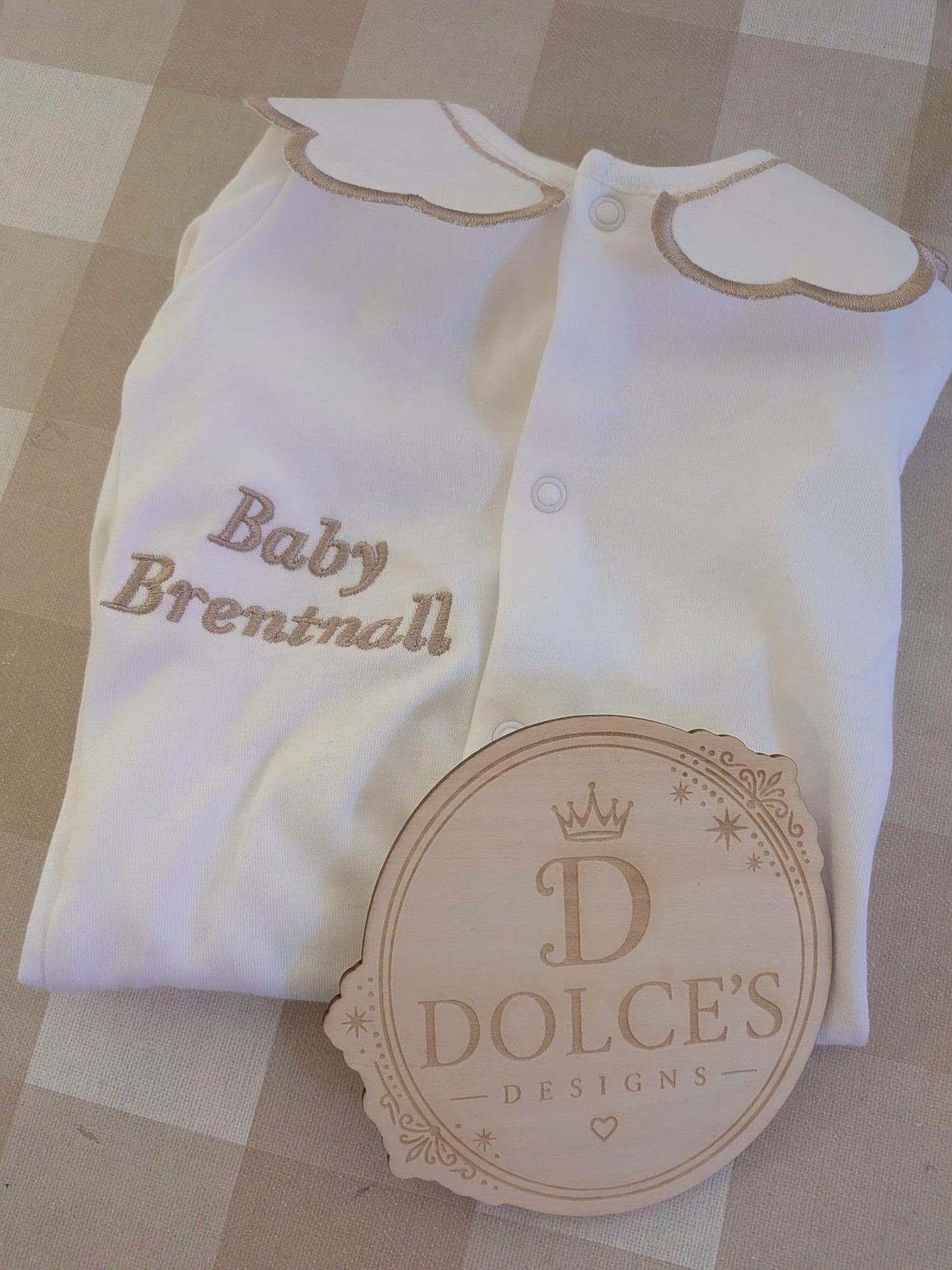 Personalised Classic Baby Name Babygrow – Embroidered Scalloped Collar