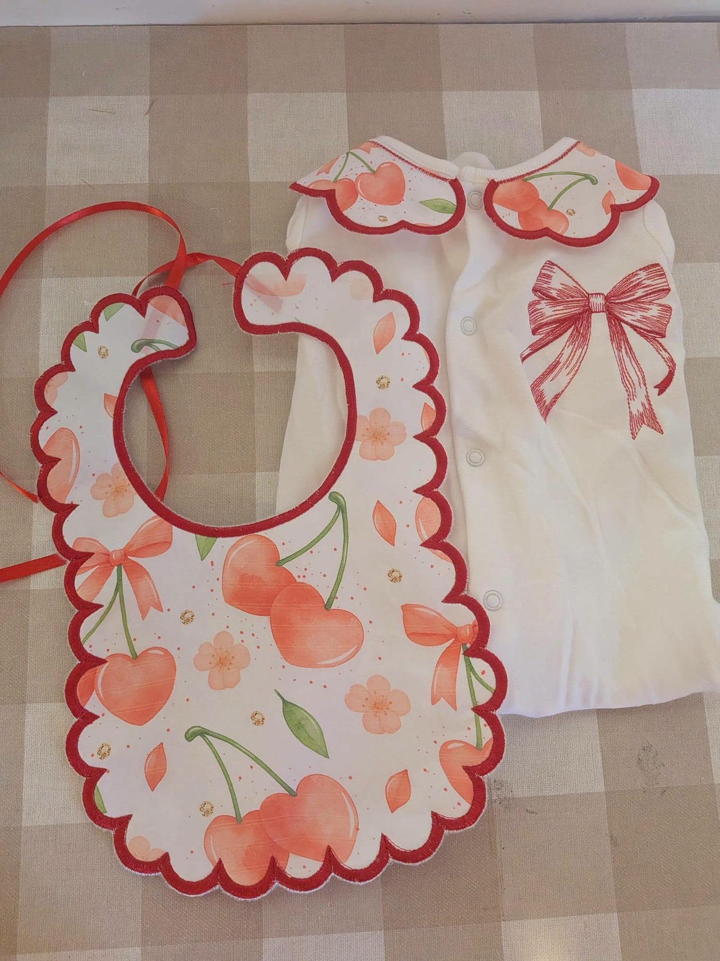 Cherry Bow Baby 2 Piece Set – Embroidered Babygrow & Bib