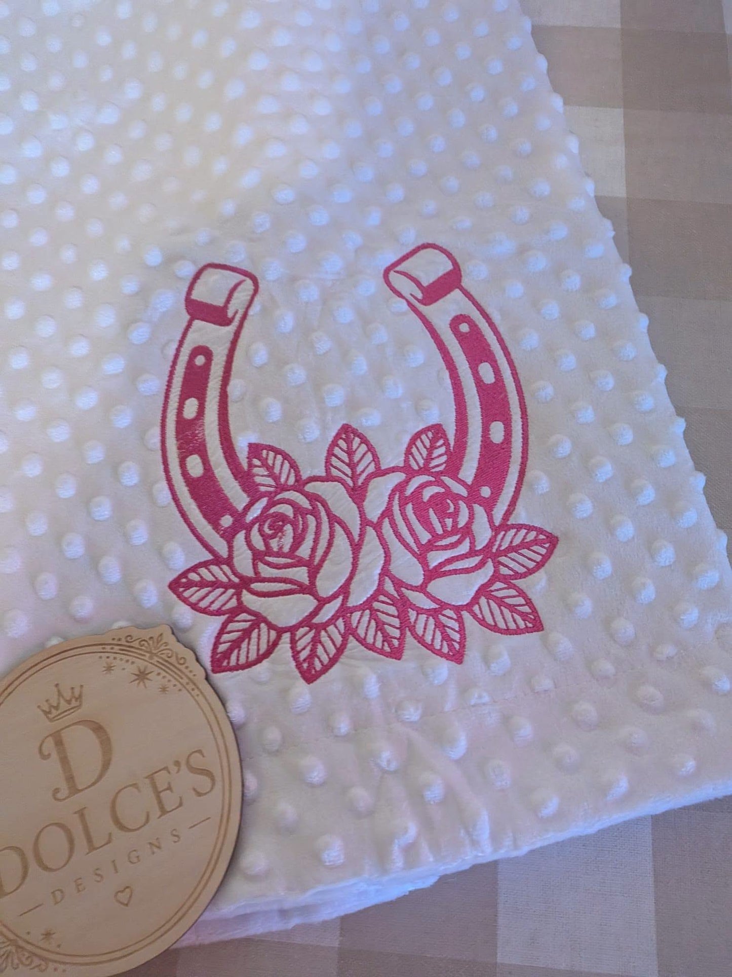 Horseshoe & Roses Baby Blanket – Pink Embroidered Design
