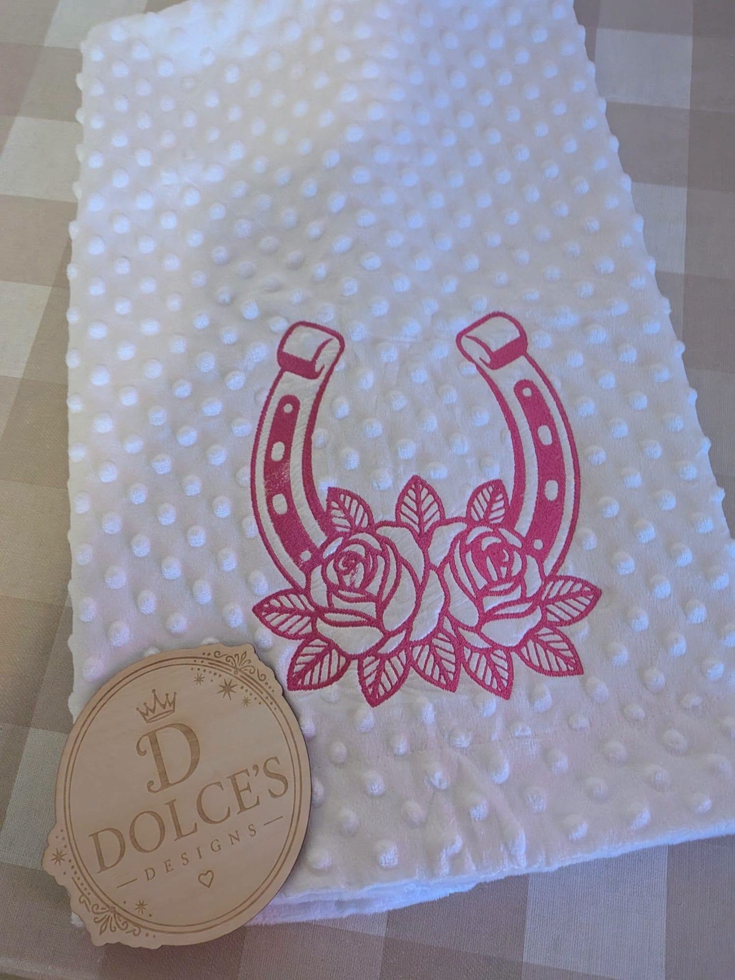 Horseshoe & Roses Baby Blanket – Pink Embroidered Design
