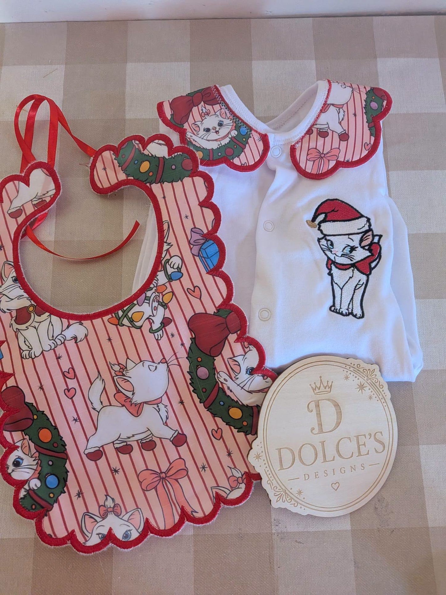 Marie Inspired Christmas Baby 2 Piece Set – Festive Embroidered Babygrow & Bib