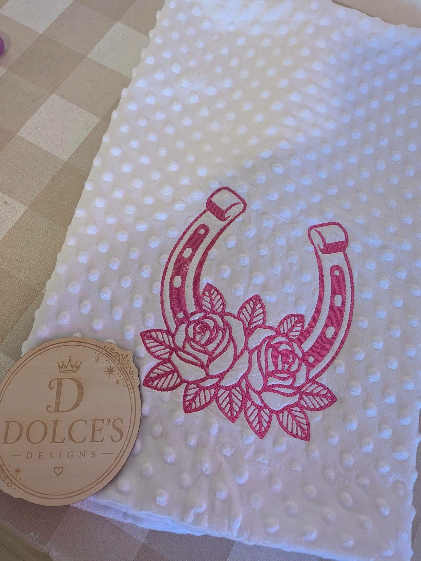 Horseshoe & Roses Baby Blanket – Pink Embroidered Design