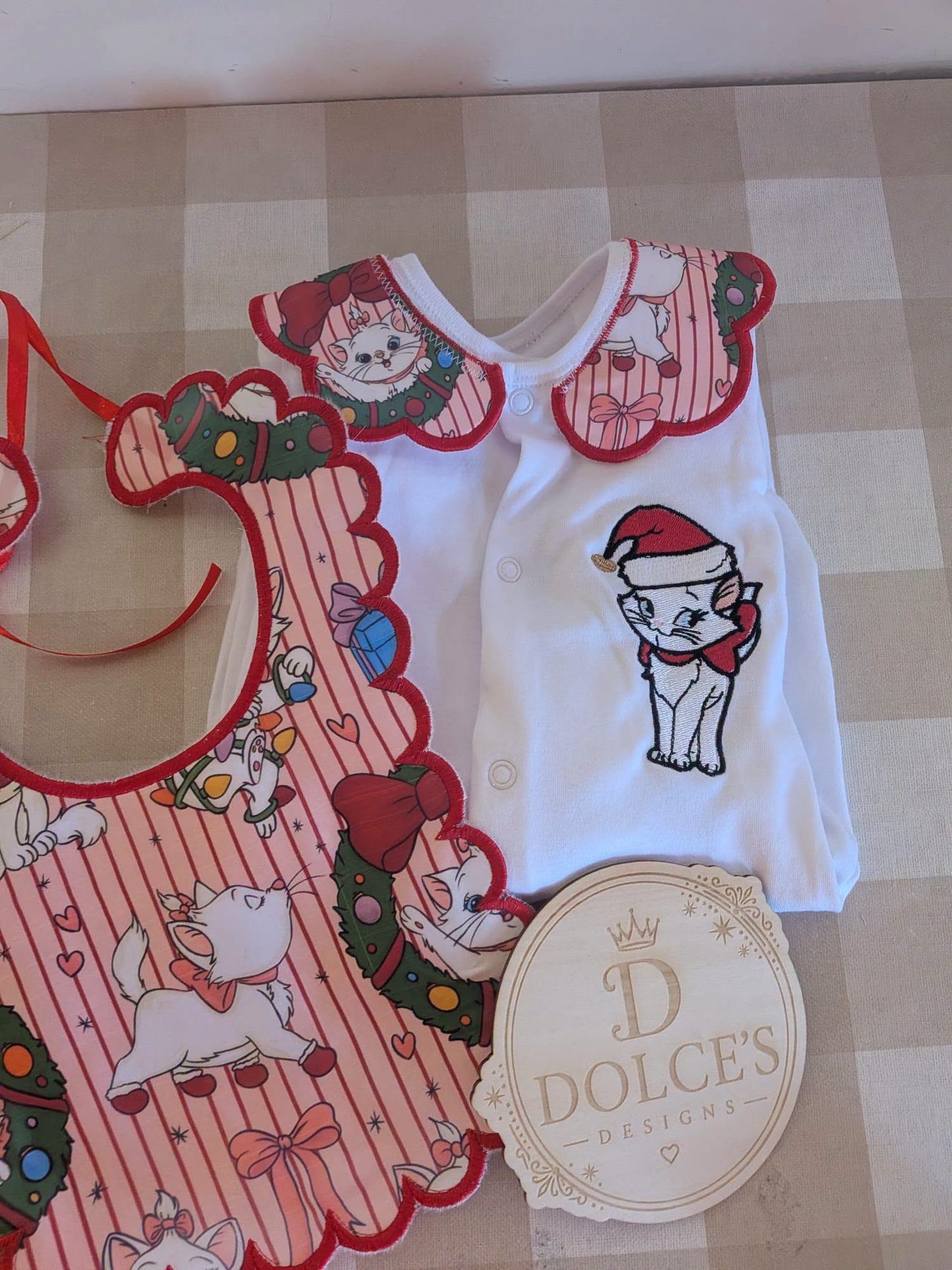 Marie Inspired Christmas Baby 2 Piece Set – Festive Embroidered Babygrow & Bib