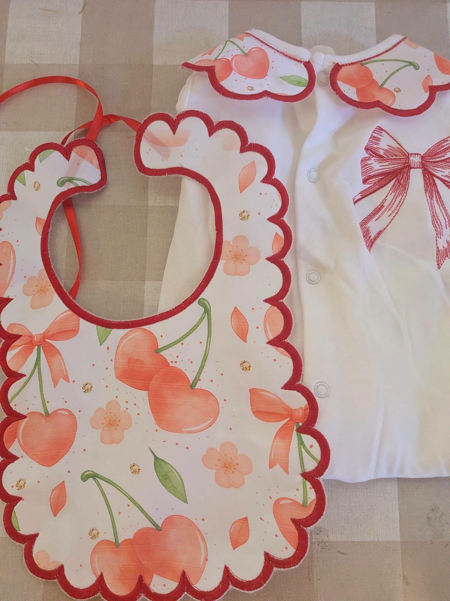 Cherry Bow Baby 2 Piece Set – Embroidered Babygrow & Bib