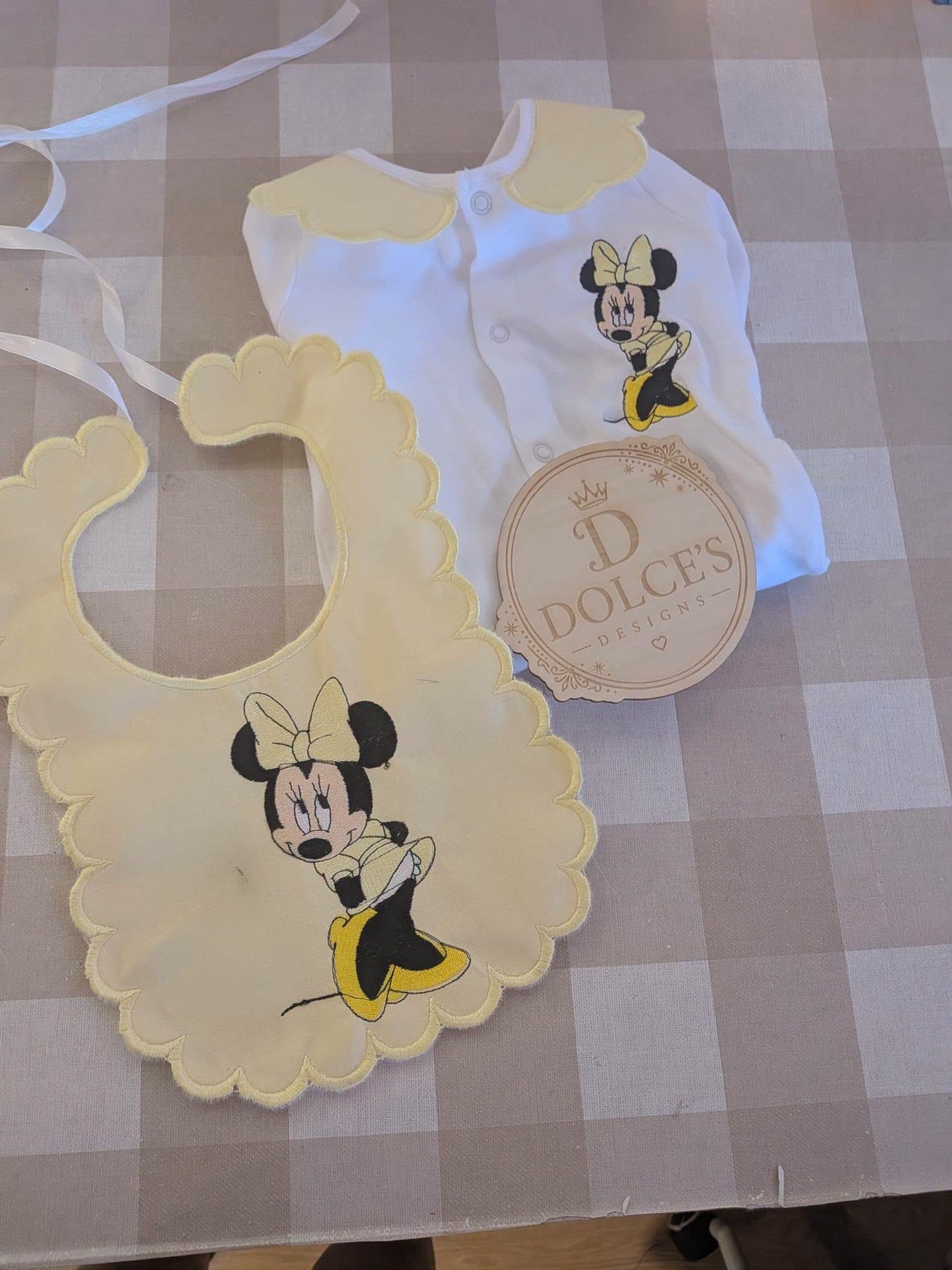 Personalised Minnie Mouse Baby Set – Yellow Embroidered Babygrow & Bib