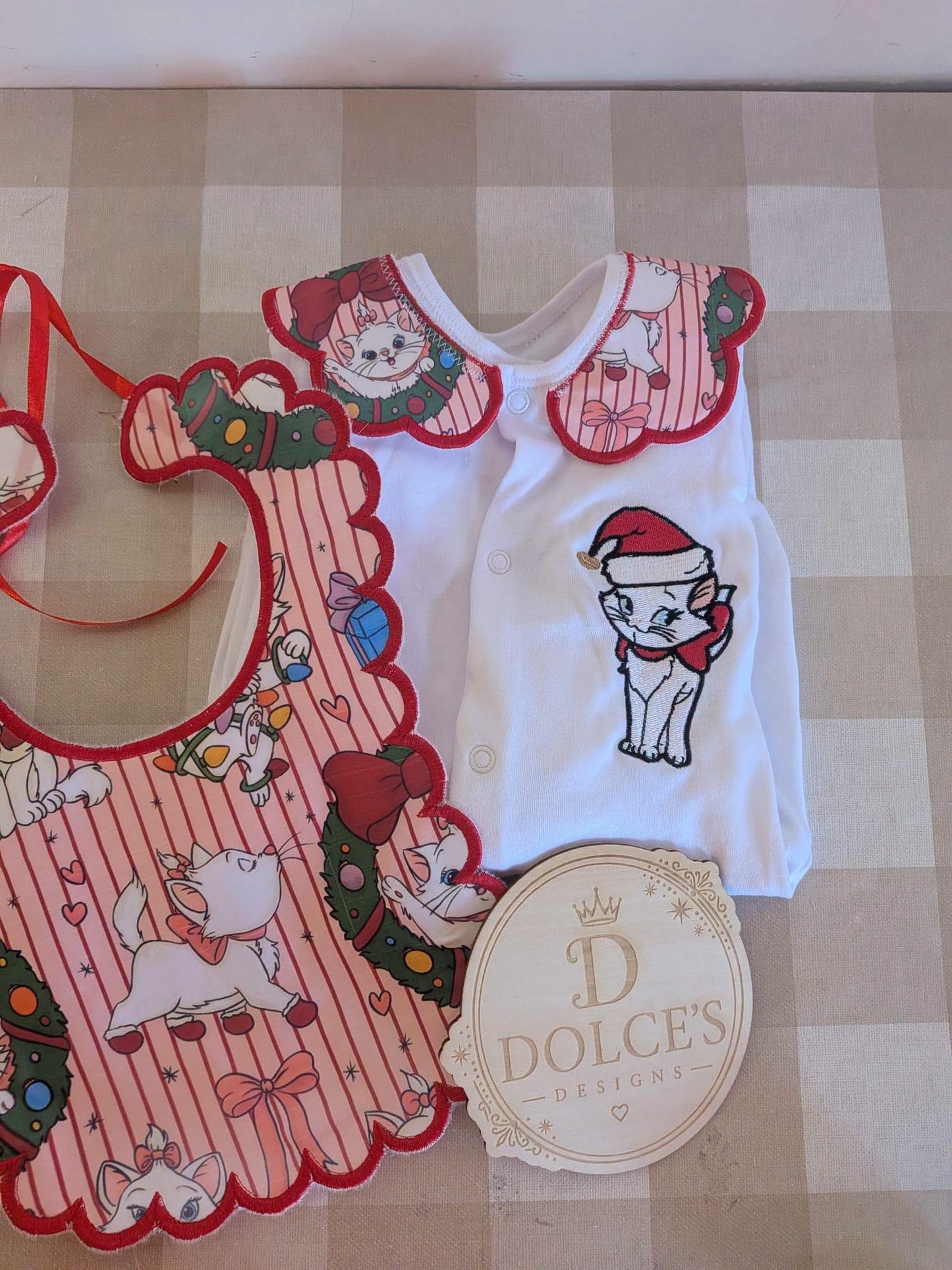 Marie Inspired Christmas Baby 2 Piece Set – Festive Embroidered Babygrow & Bib