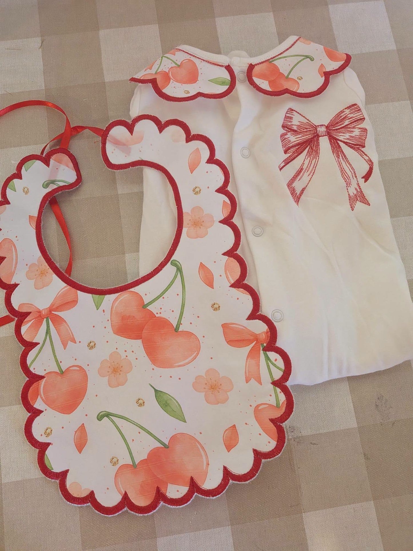 Cherry Bow Baby 2 Piece Set – Embroidered Babygrow & Bib