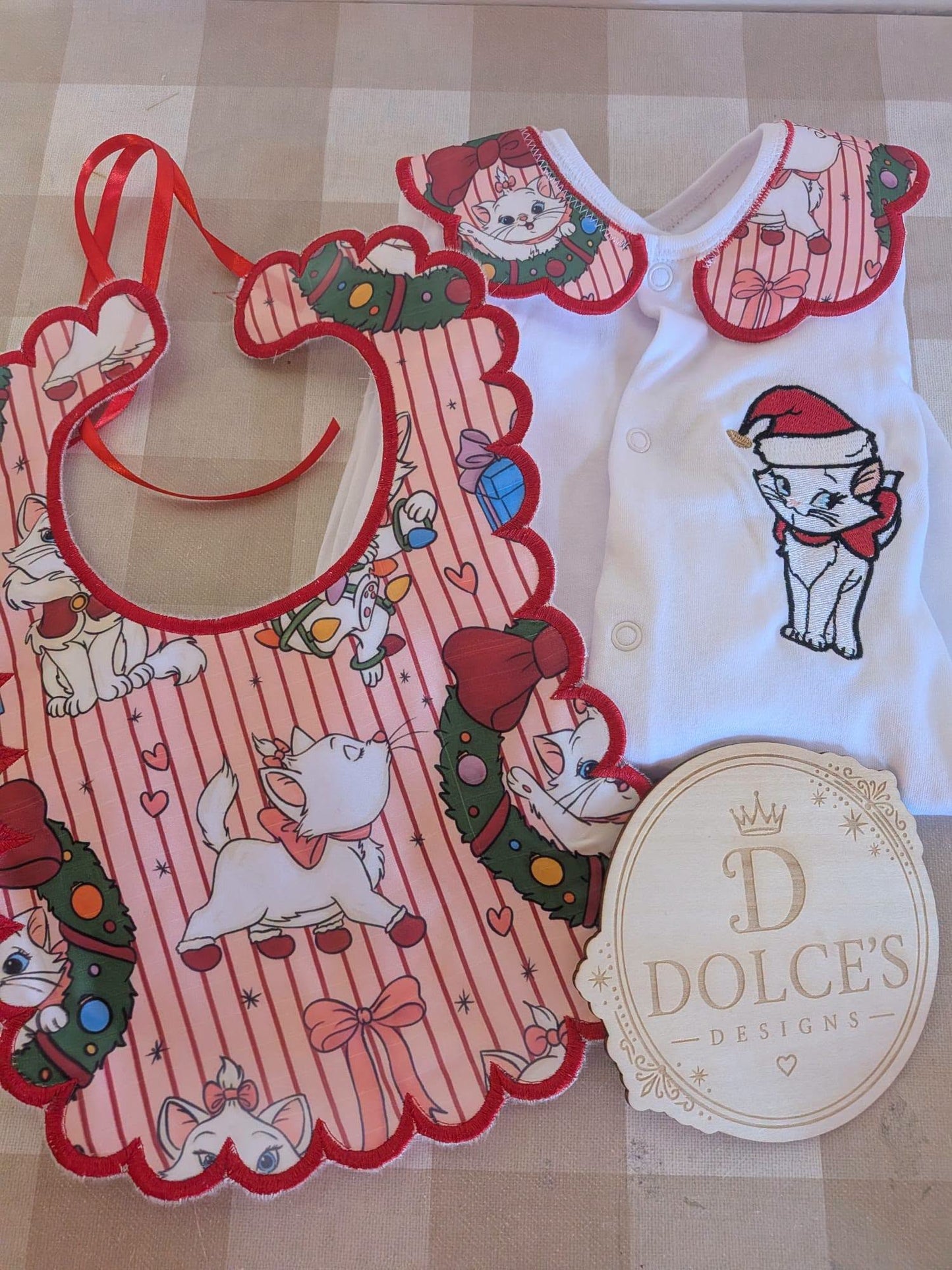 Marie Inspired Christmas Baby 2 Piece Set – Festive Embroidered Babygrow & Bib