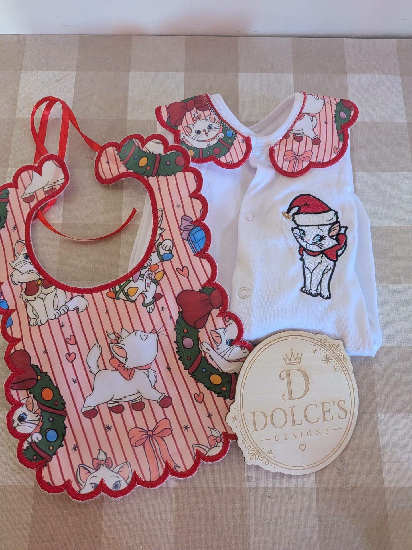 Marie Inspired Christmas Baby 2 Piece Set – Festive Embroidered Babygrow & Bib