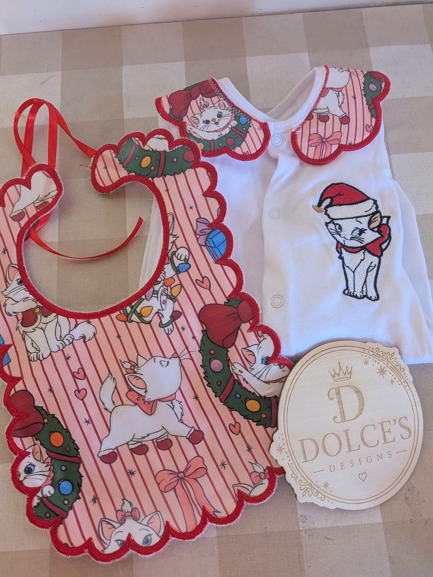 Marie Inspired Christmas Baby 2 Piece Set – Festive Embroidered Babygrow & Bib