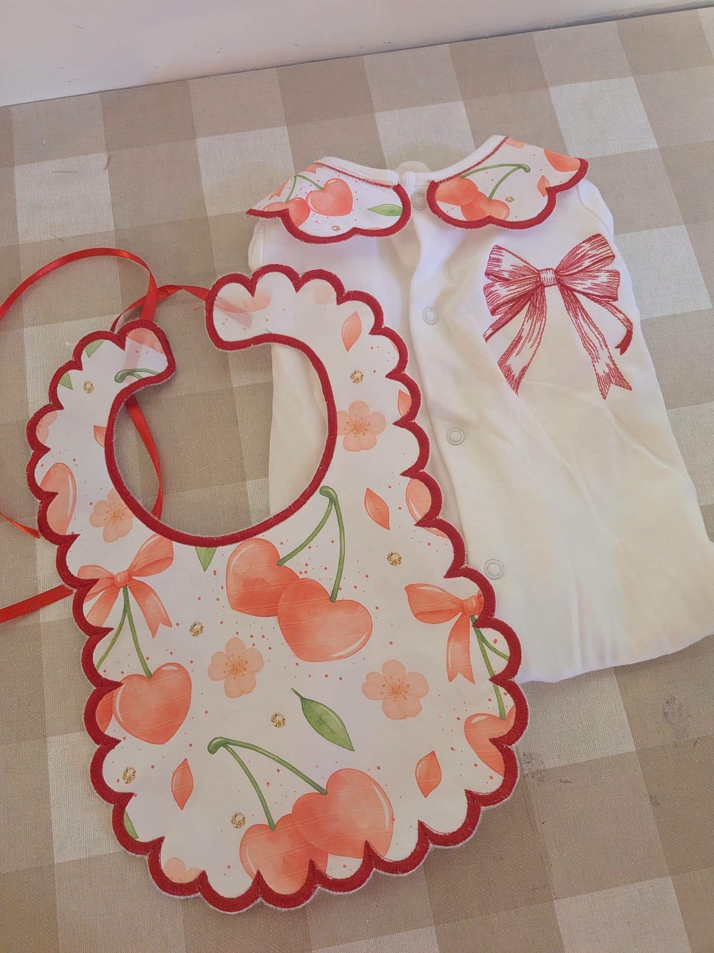 Cherry Bow Baby 2 Piece Set – Embroidered Babygrow & Bib