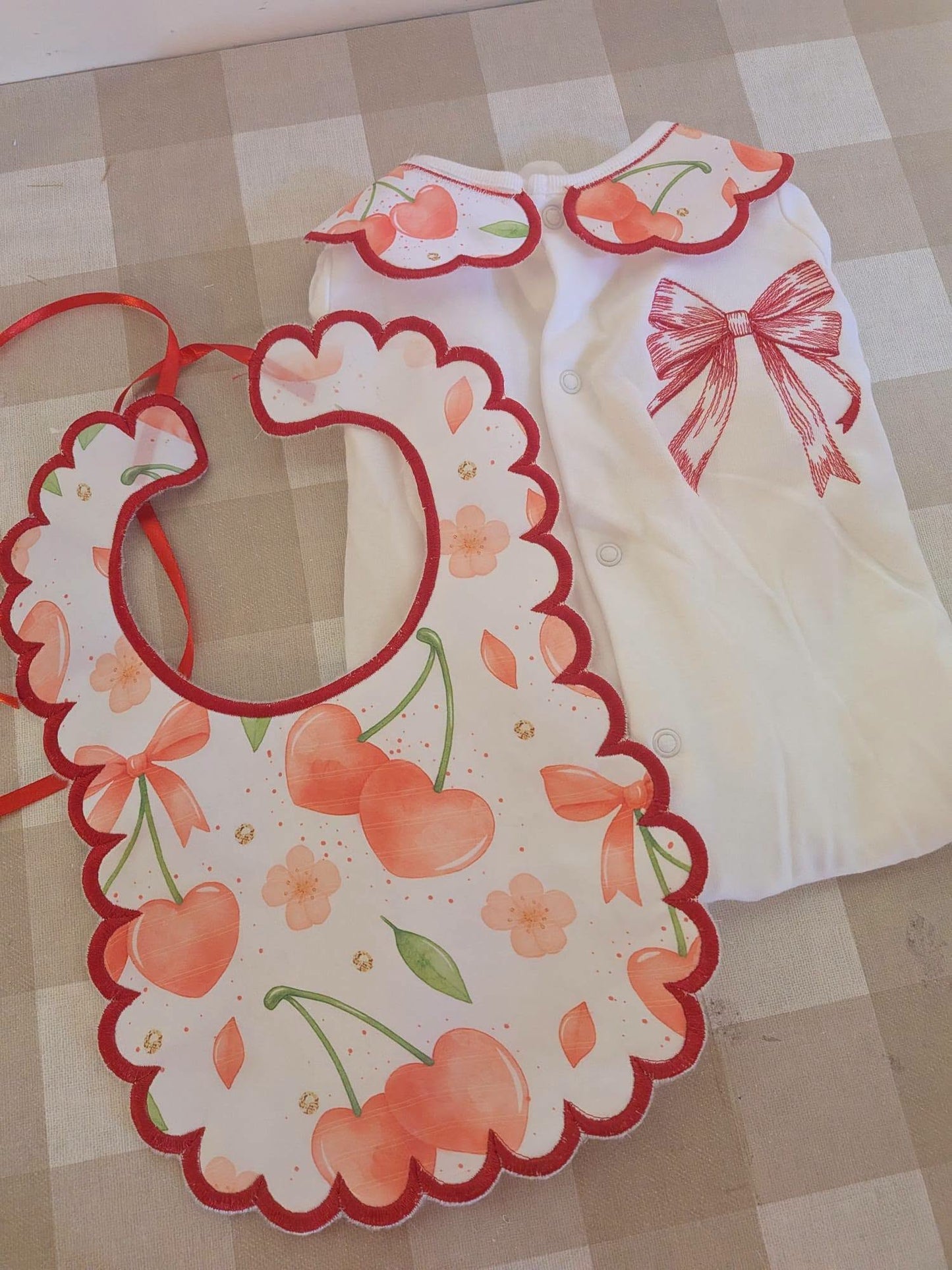 Cherry Bow Baby 2 Piece Set – Embroidered Babygrow & Bib