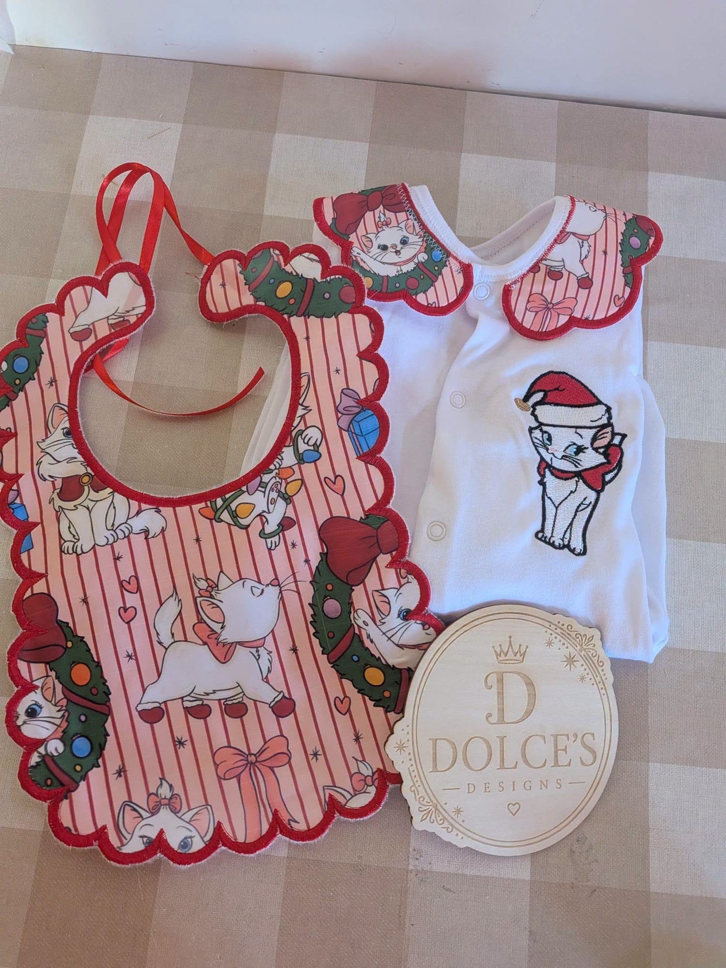 Marie Inspired Christmas Baby 2 Piece Set – Festive Embroidered Babygrow & Bib