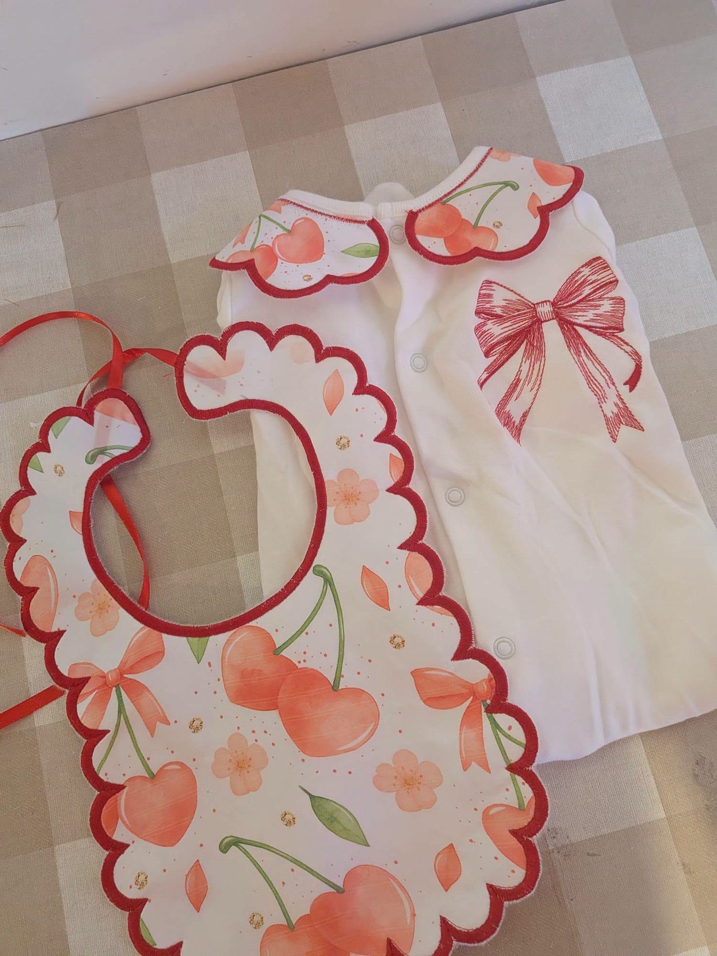 Cherry Bow Baby 2 Piece Set – Embroidered Babygrow & Bib