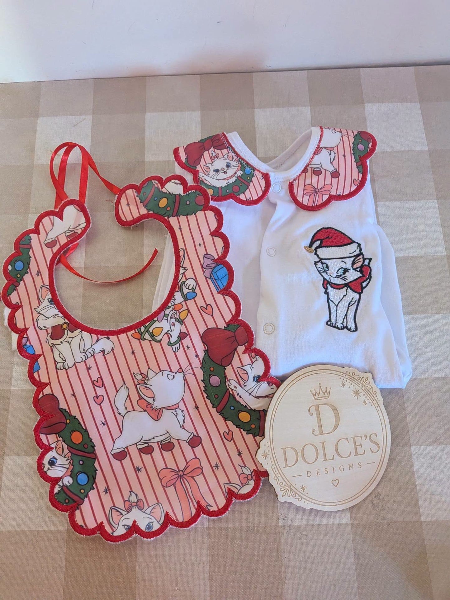 Marie Inspired Christmas Baby 2 Piece Set – Festive Embroidered Babygrow & Bib