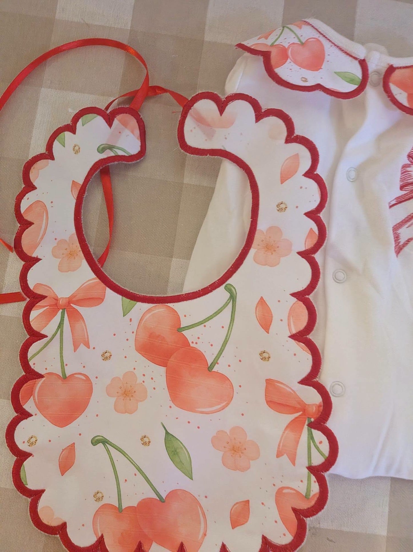 Cherry Bow Baby 2 Piece Set – Embroidered Babygrow & Bib