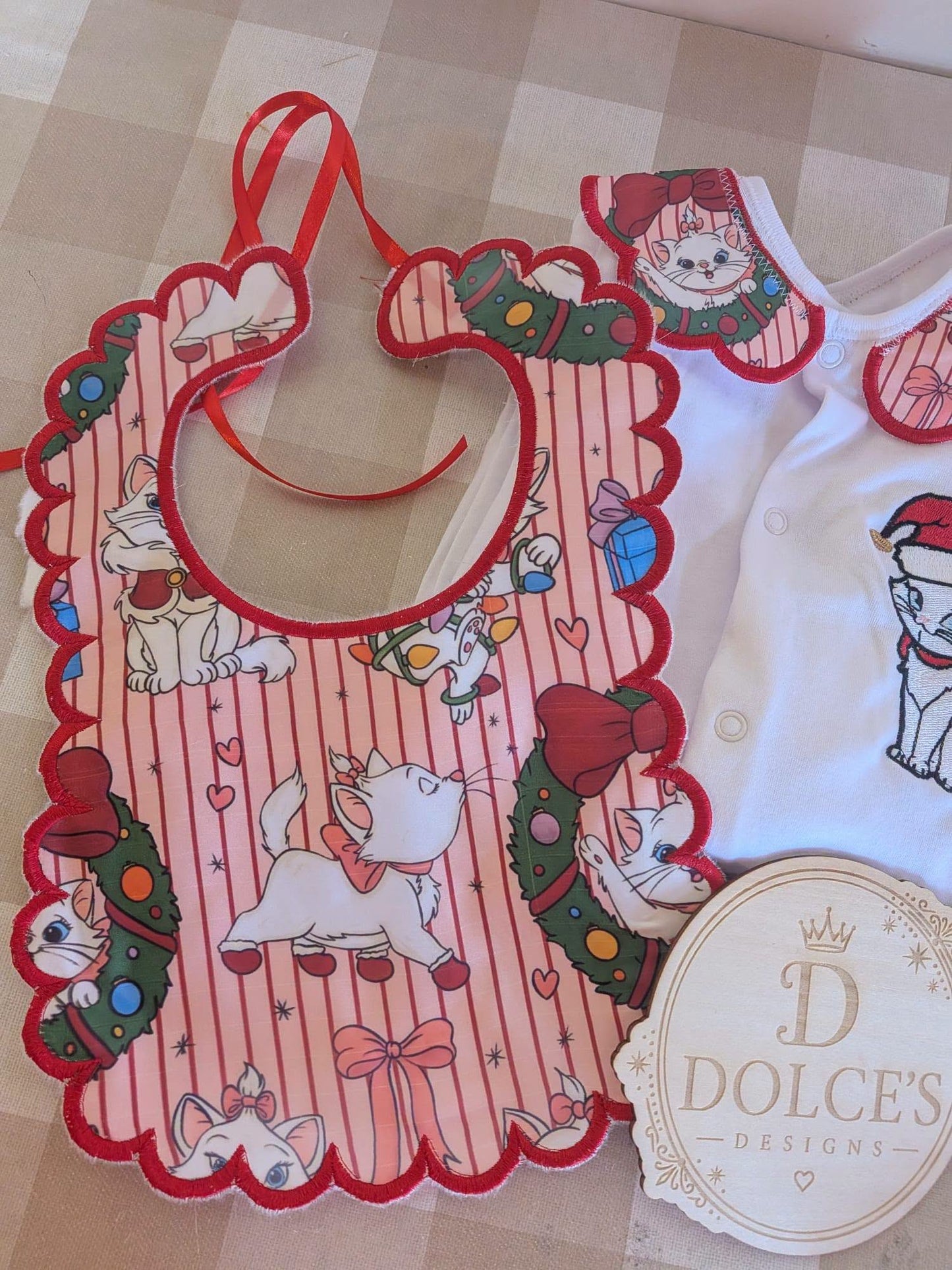 Marie Inspired Christmas Baby 2 Piece Set – Festive Embroidered Babygrow & Bib