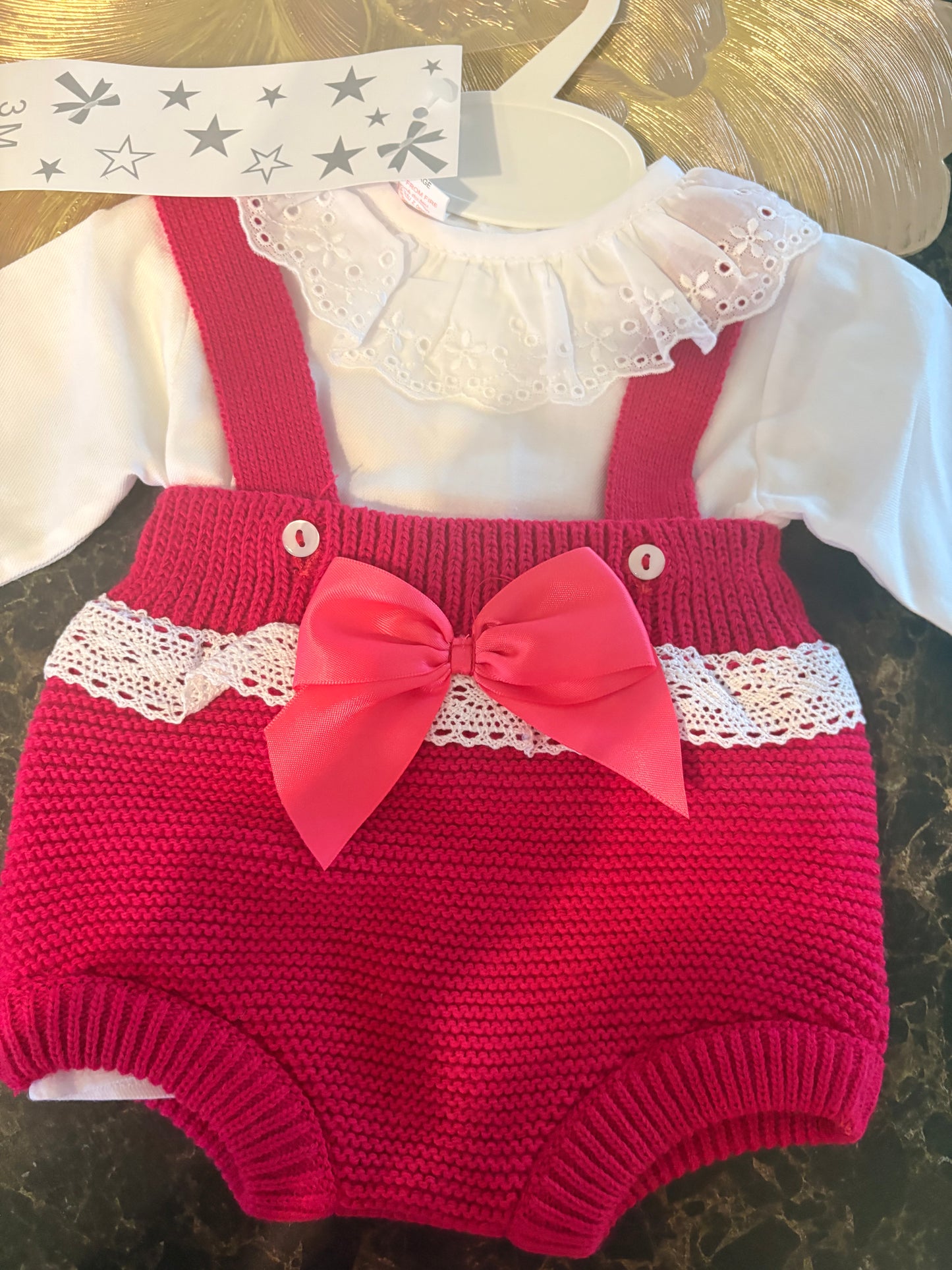Spanish Knitted Baby Set – Pink Knit Pinafore & Lace Collar Top | 3–24 Months