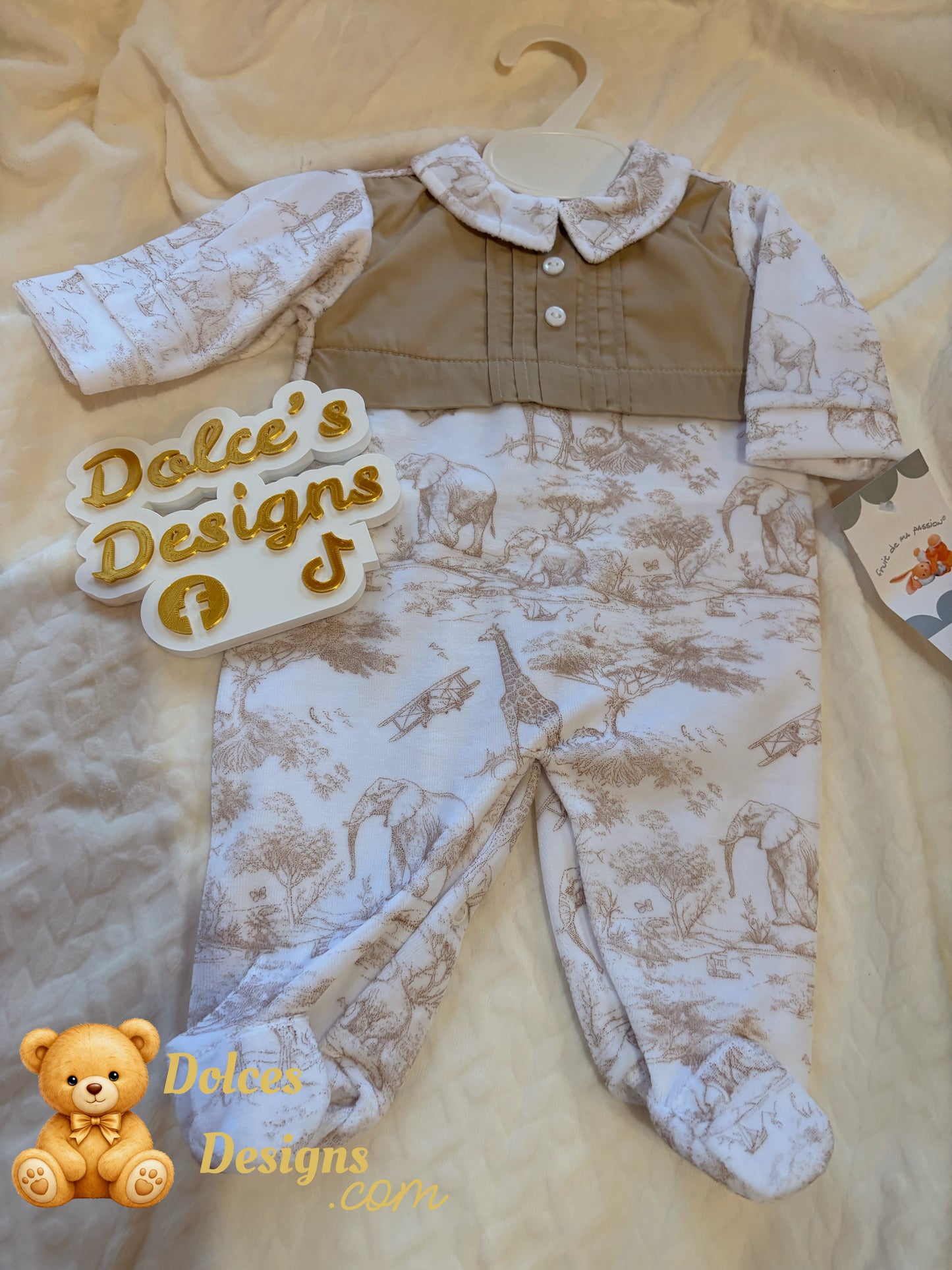 🤎 Beige Safari Toile Babygrow with Panel Detail