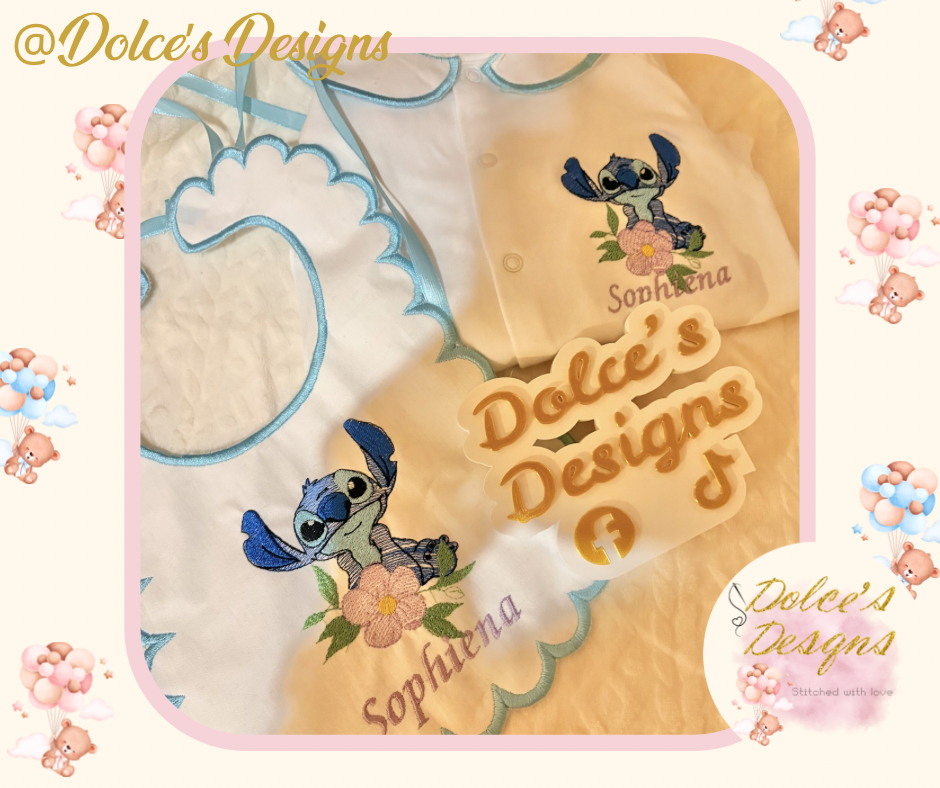 💙 Personalised Stitch 2 Piece Baby Set | Embroidered Babygrow & Bib