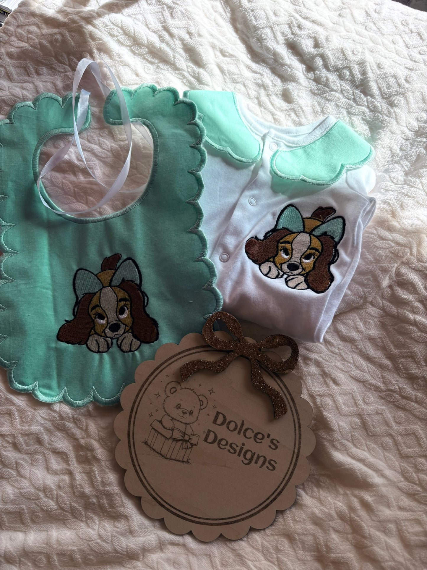 Personalised Lady Baby Set Embroidered Babygrow & Bib – Tiffany Blue