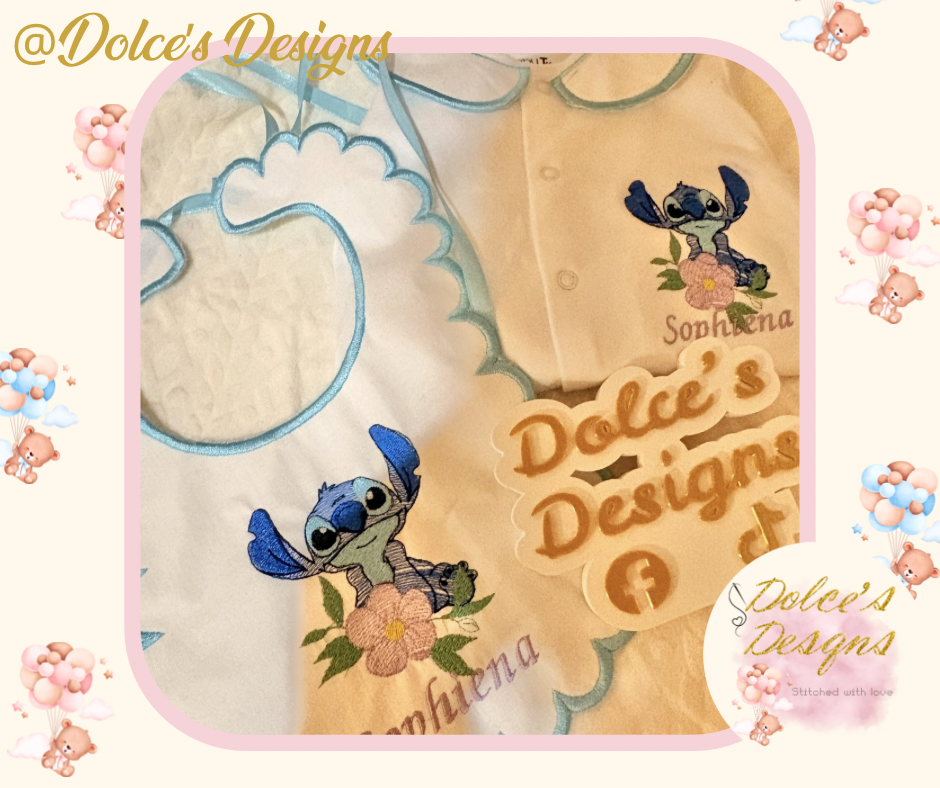 💙 Personalised Stitch 2 Piece Baby Set | Embroidered Babygrow & Bib