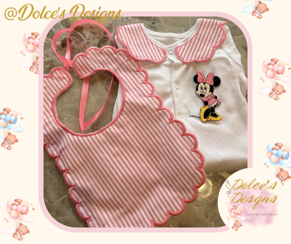 Minnie Mouse 2 Piece Baby Set – Scallop Bib & Embroidered Babygrow 🎀