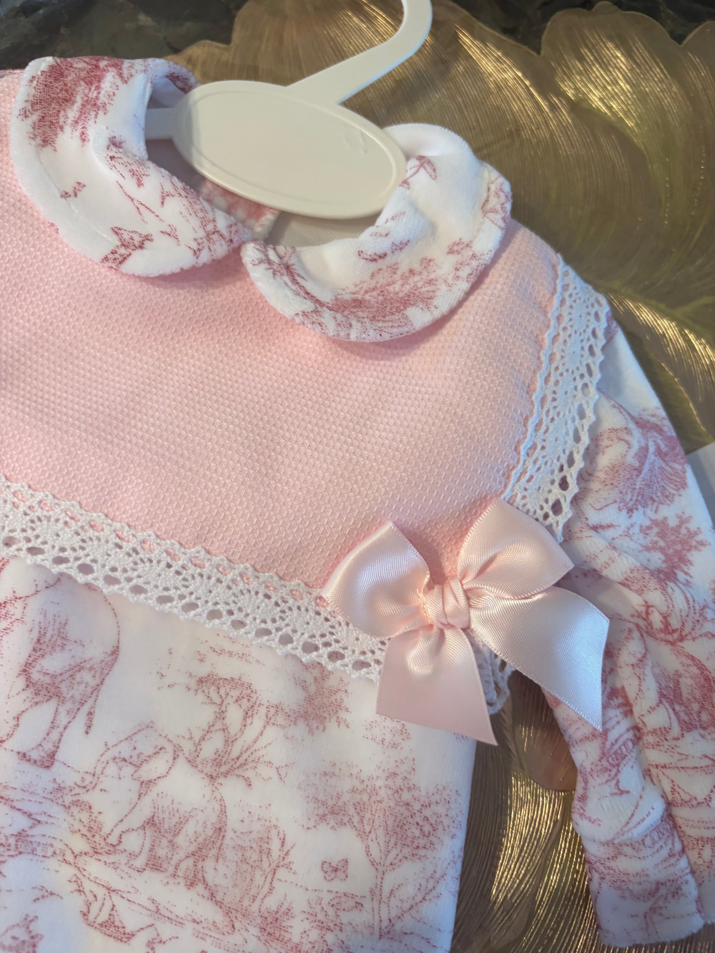 Luxury Velour Baby Grow – Pink Toile Print | 1–12 Months