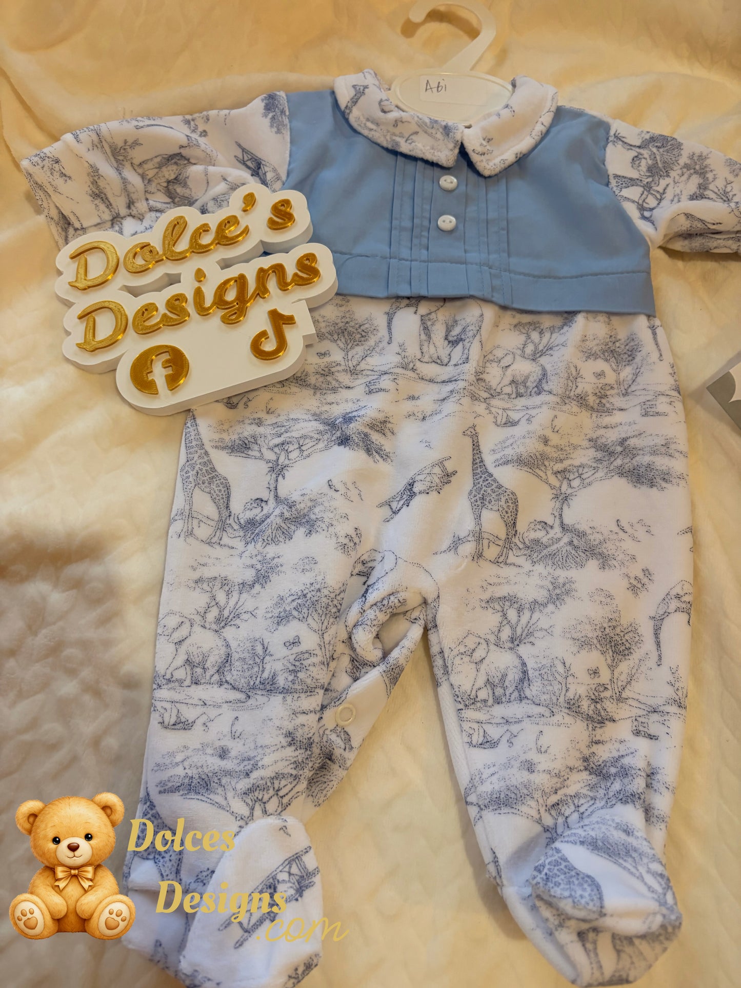 💙 Boys Safari Toile Babygrow with Blue Panel