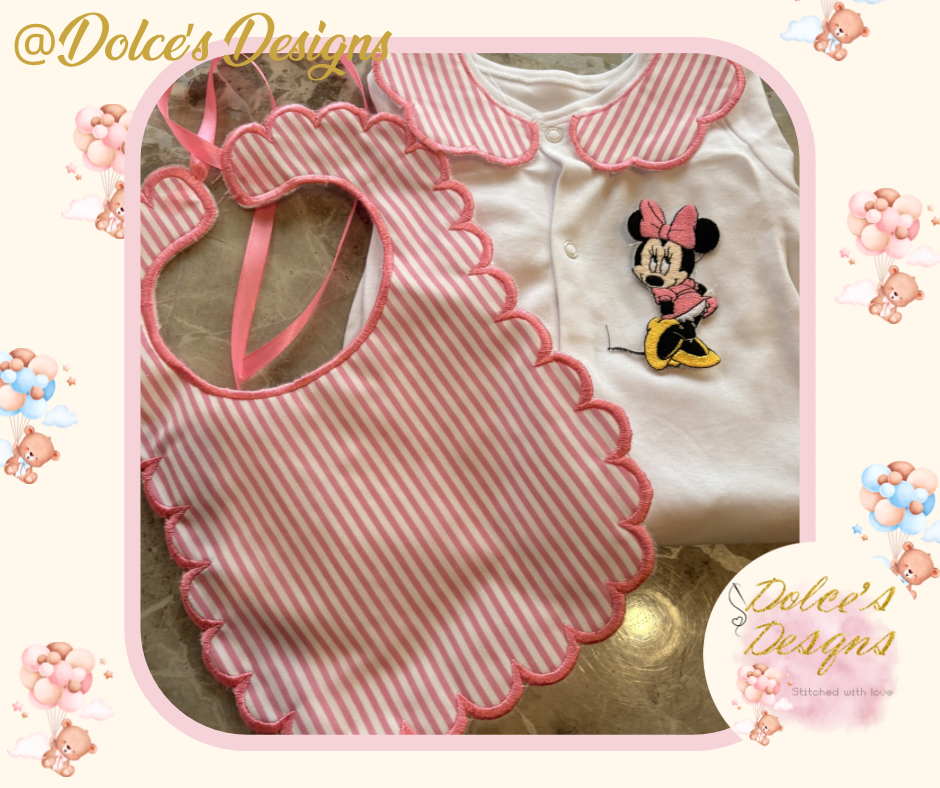 Minnie Mouse 2 Piece Baby Set – Scallop Bib & Embroidered Babygrow 🎀