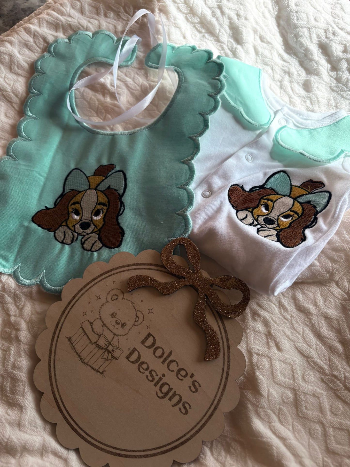 Personalised Lady Baby Set Embroidered Babygrow & Bib – Tiffany Blue
