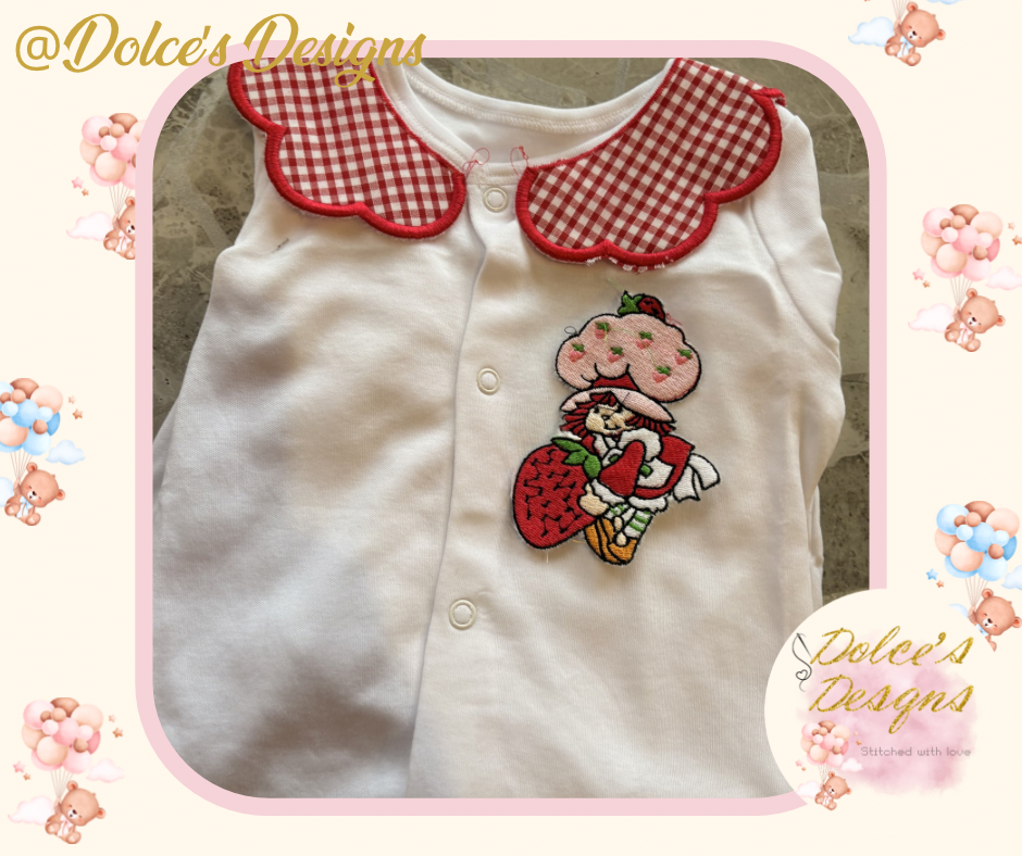 Strawberry Shortcake 2 Piece Baby Set – Gingham Scallop Bib & Embroidered Babygrow