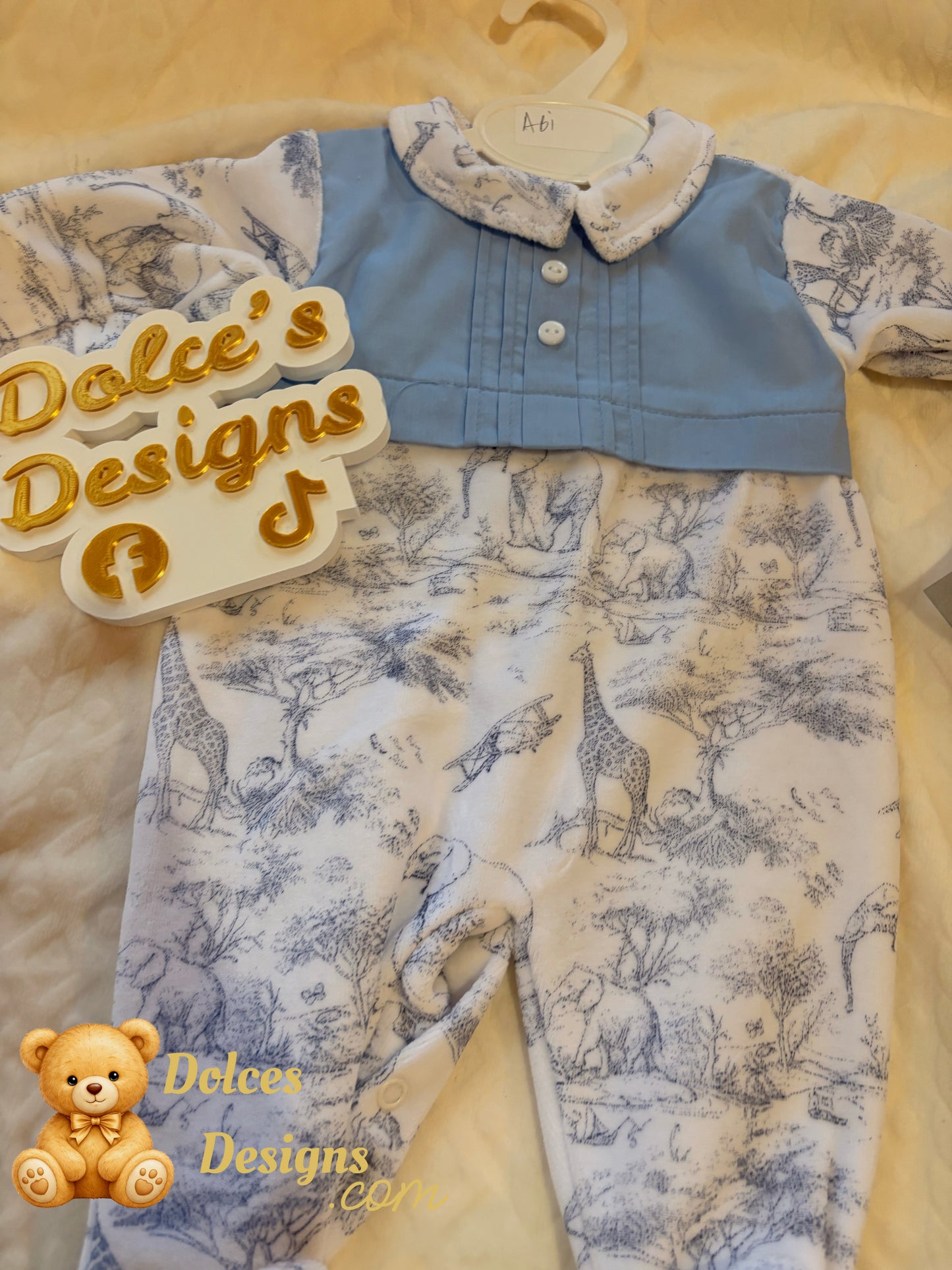 💙 Boys Safari Toile Babygrow with Blue Panel