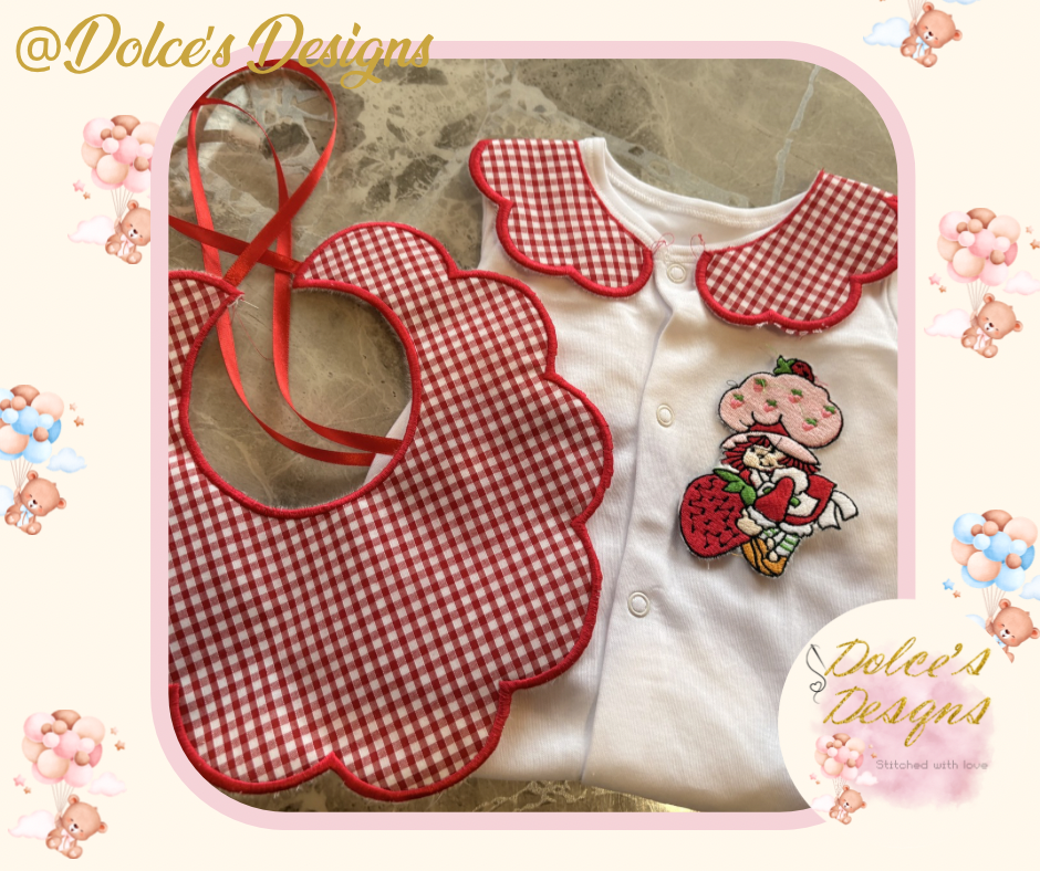 Strawberry Shortcake 2 Piece Baby Set – Gingham Scallop Bib & Embroidered Babygrow