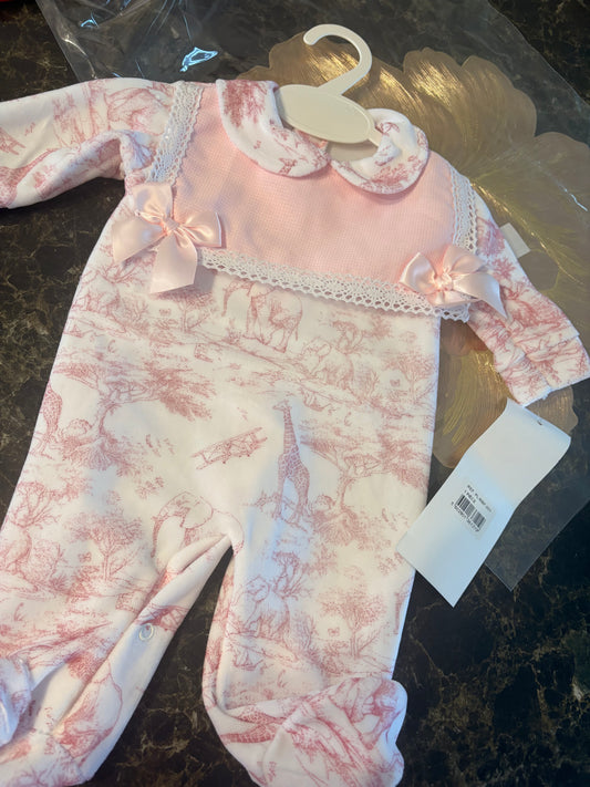 Luxury Velour Baby Grow – Pink Toile Print | 1–12 Months