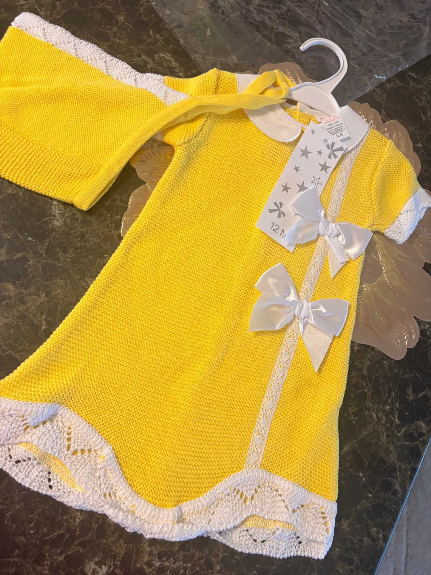 Spanish Knitted Dress & Bonnet Set – Sunshine Yellow