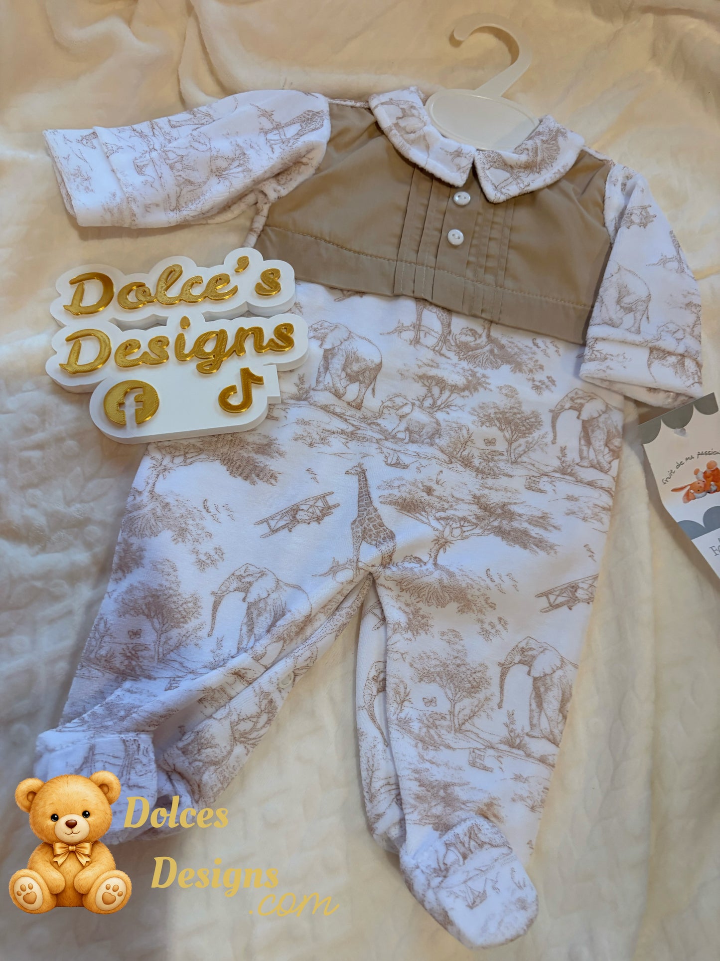 🤎 Beige Safari Toile Babygrow with Panel Detail