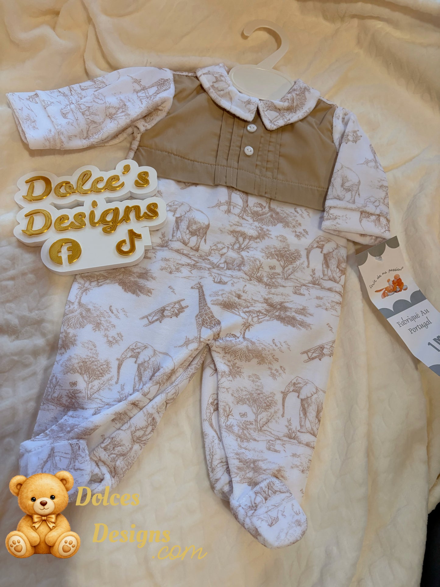 🤎 Beige Safari Toile Babygrow with Panel Detail