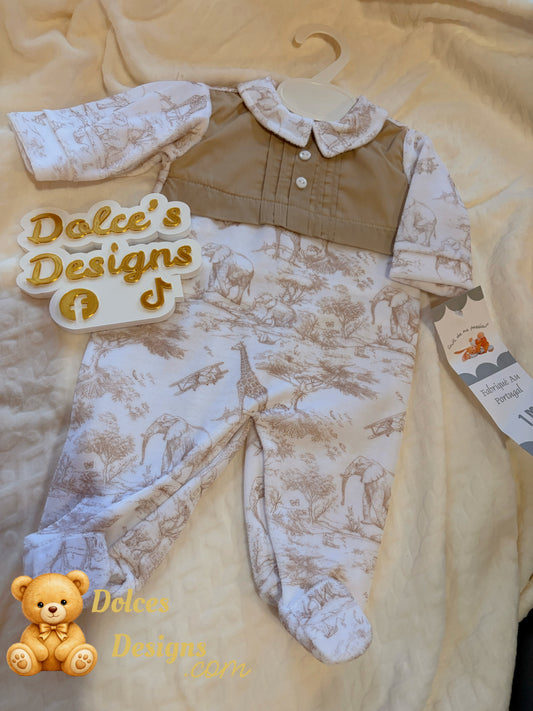 🤎 Beige Safari Toile Babygrow with Panel Detail