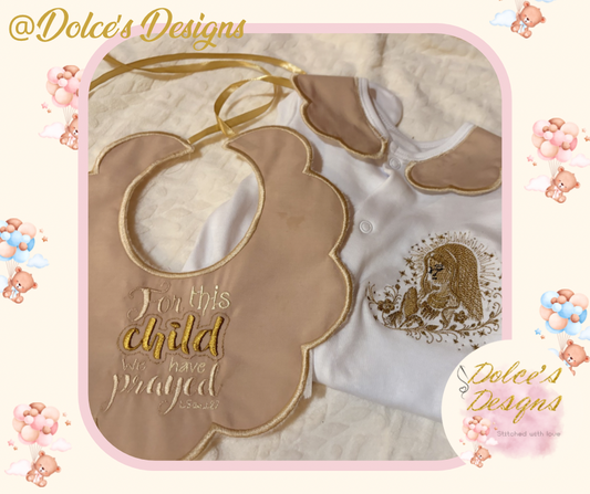 🤍 “For This Child We Have Prayed” 2 Piece Baby Set | Embroidered Babygrow & Bib