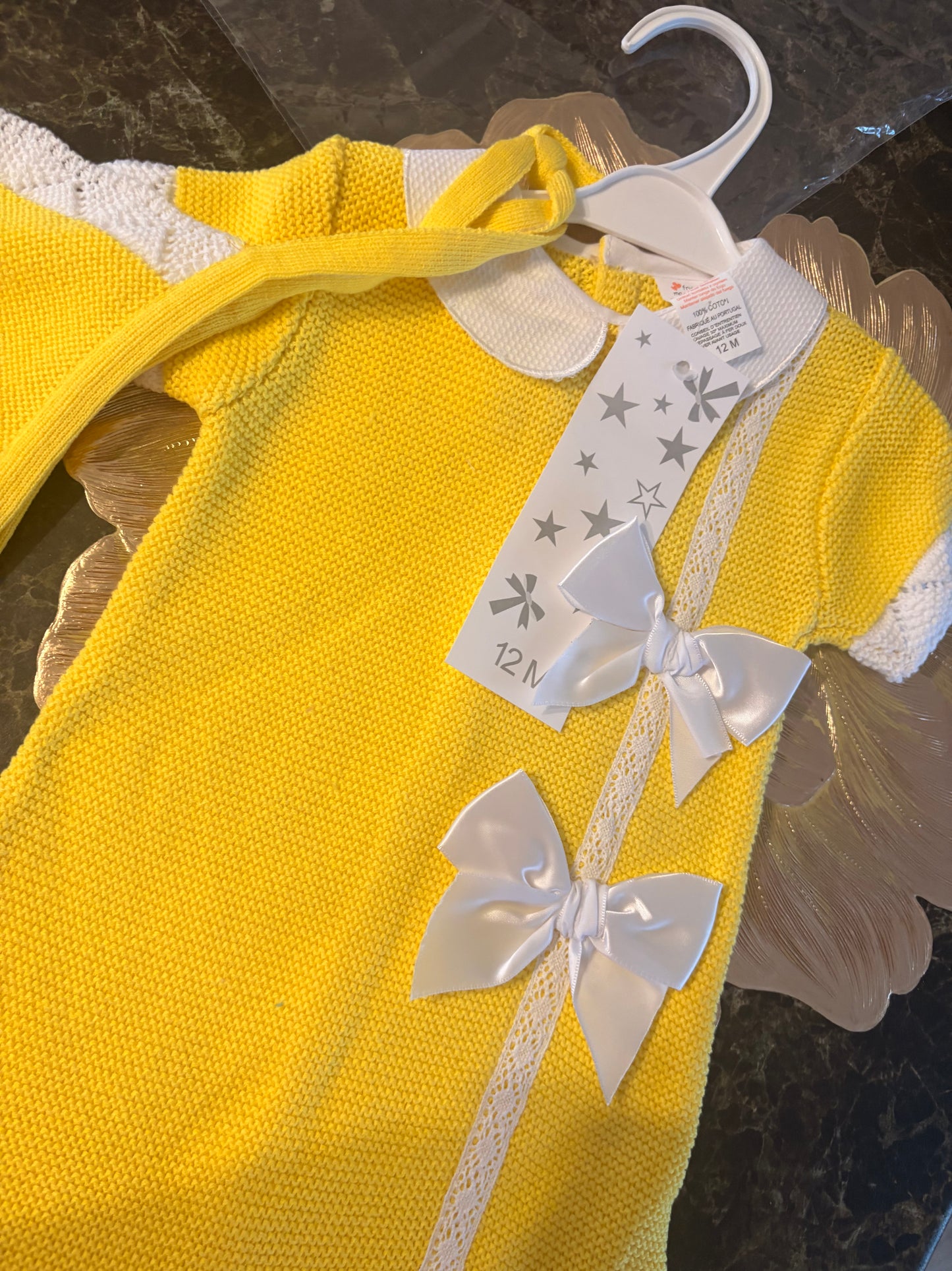 Spanish Knitted Dress & Bonnet Set – Sunshine Yellow