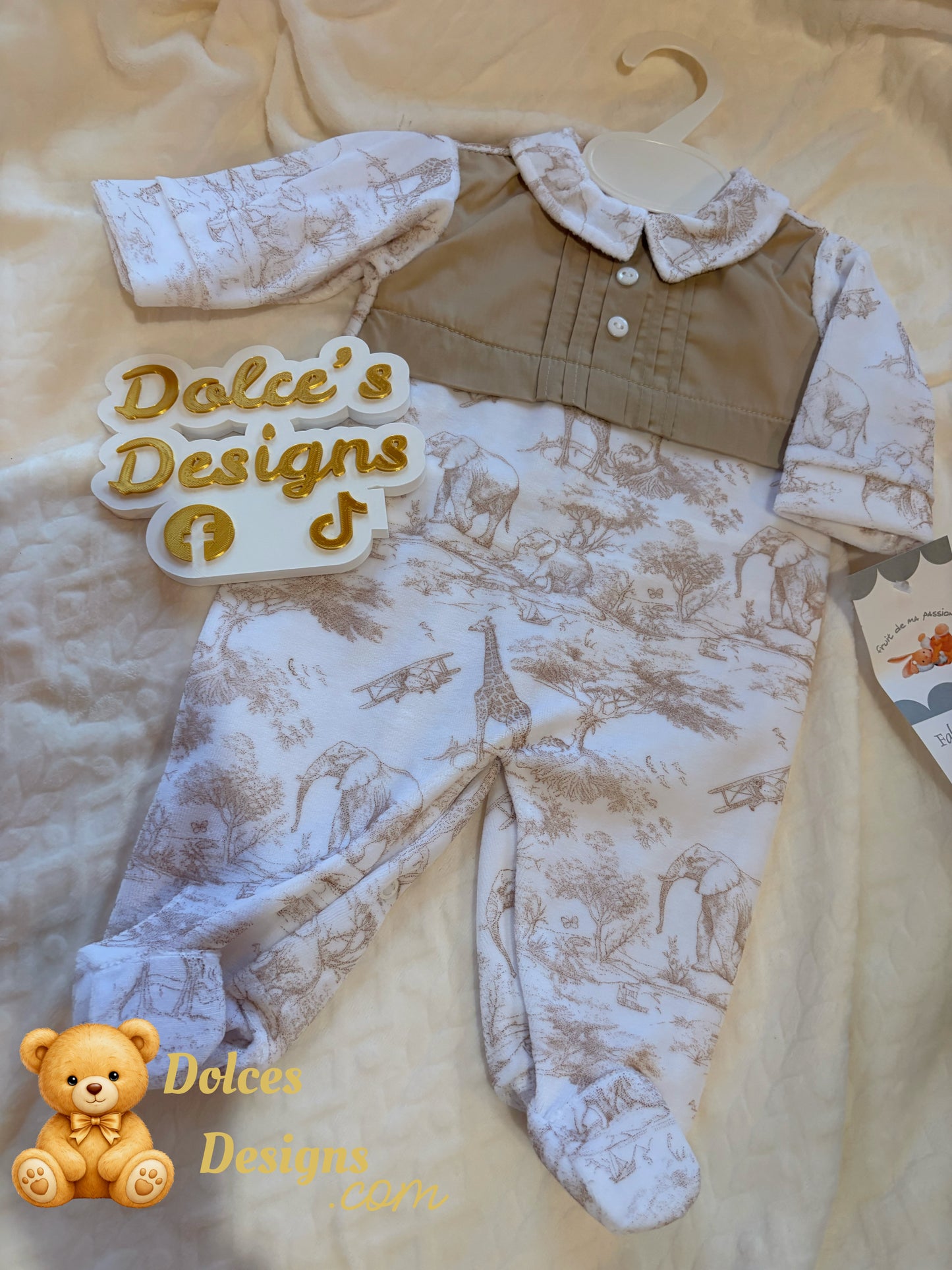 🤎 Beige Safari Toile Babygrow with Panel Detail