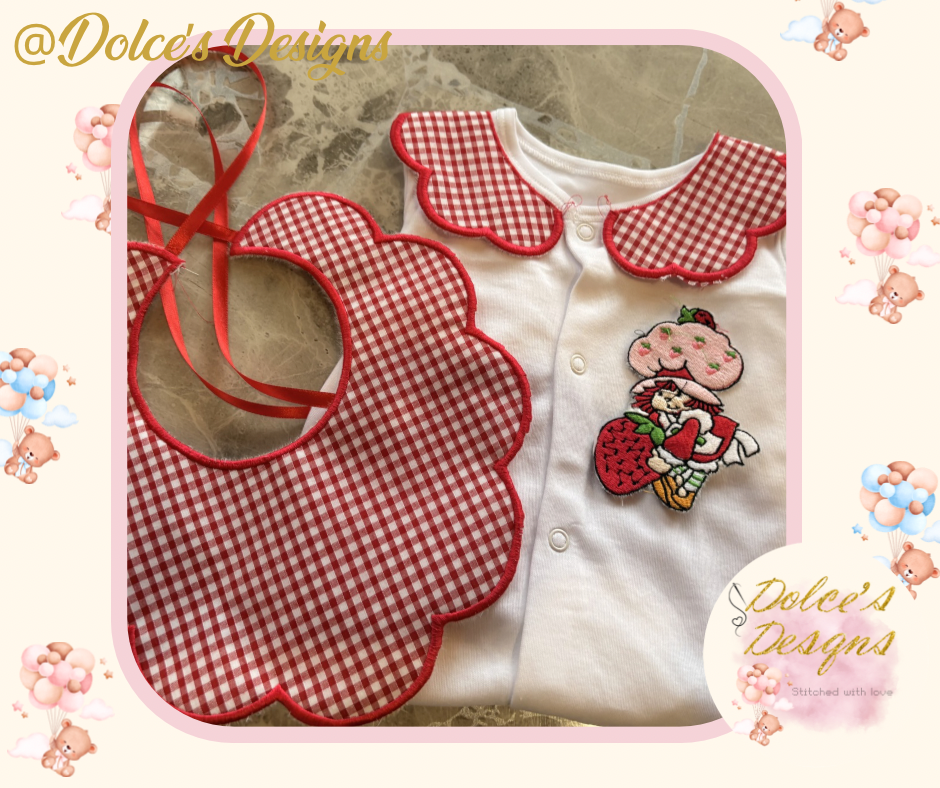 Strawberry Shortcake 2 Piece Baby Set – Gingham Scallop Bib & Embroidered Babygrow