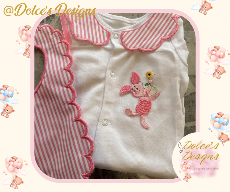 Piglet 2 Piece Baby Set – Scallop Bib & Embroidered Babygrow 🌸