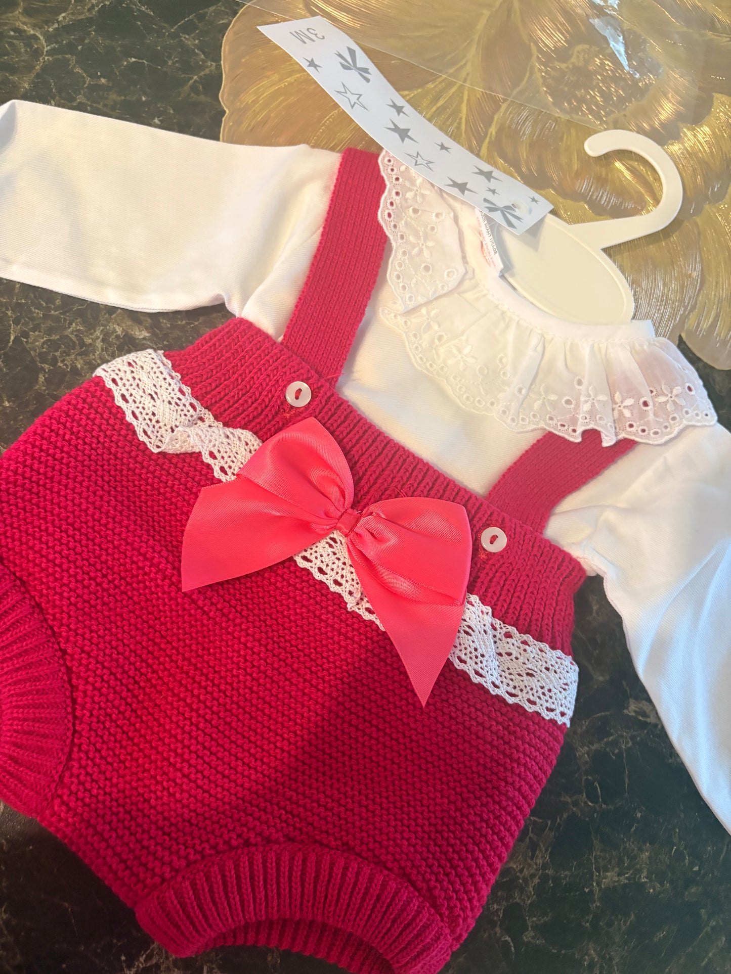 Spanish Knitted Baby Set – Pink Knit Pinafore & Lace Collar Top | 3–24 Months
