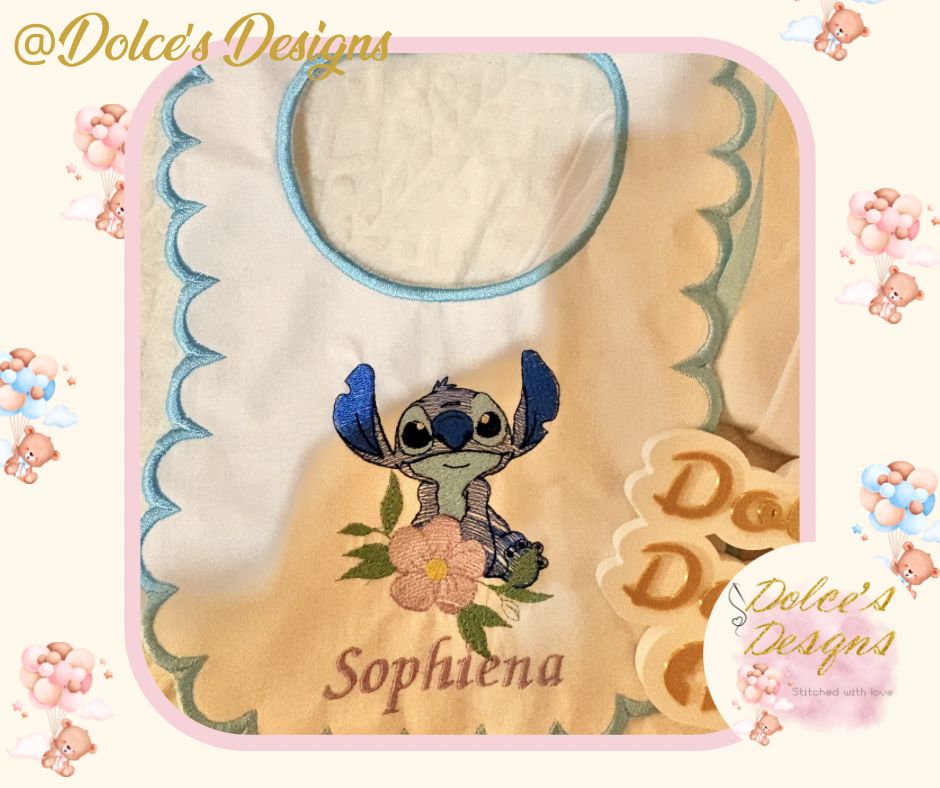 💙 Personalised Stitch 2 Piece Baby Set | Embroidered Babygrow & Bib